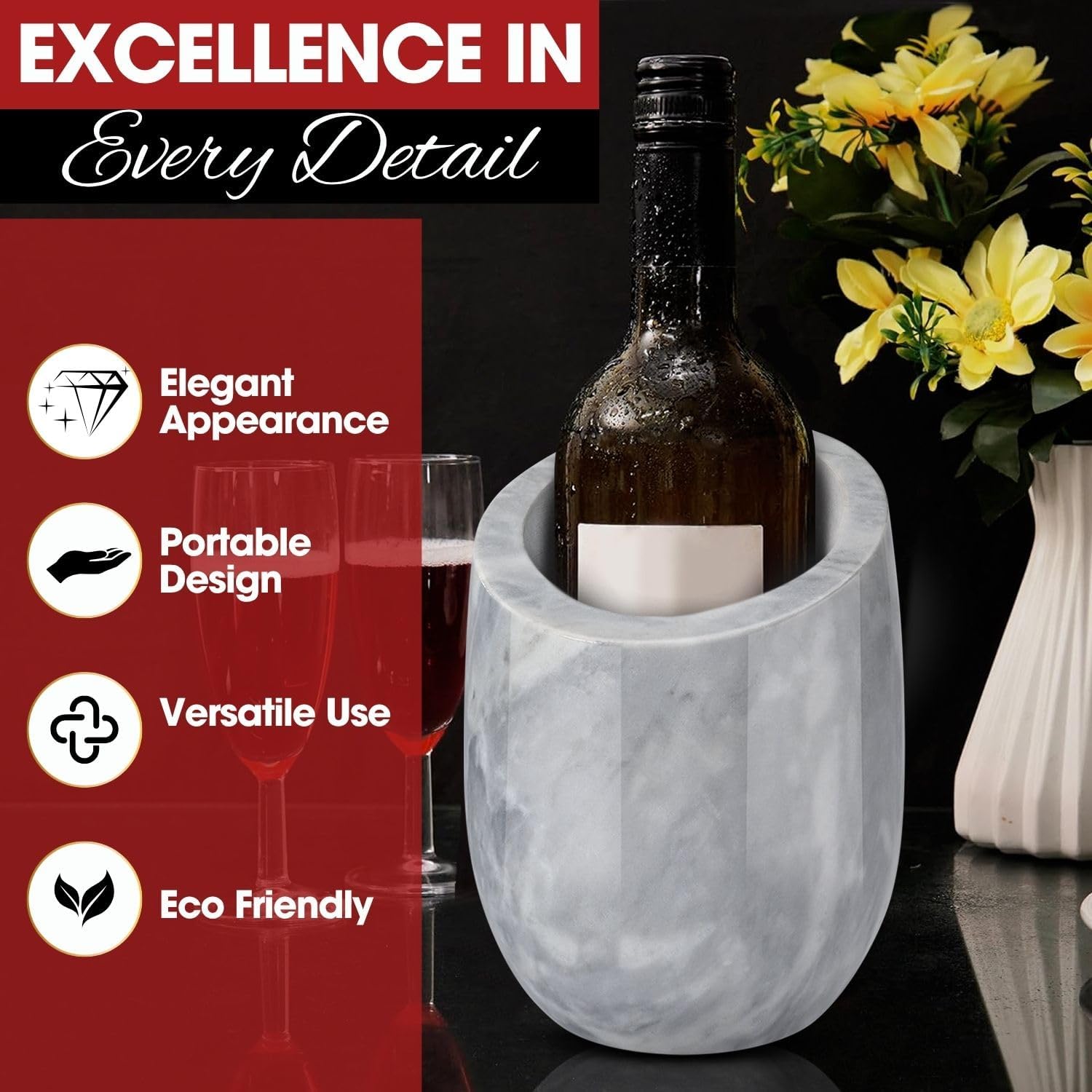 Flexzion Marble Wine Chiller Bucket – White Wine Cooler & Champagne Bucket for Bar Cart Decor, Kitchen & Parties – Gifts for Men, Women & Enthusiasts – Fits 750ml Bottles - Image 8