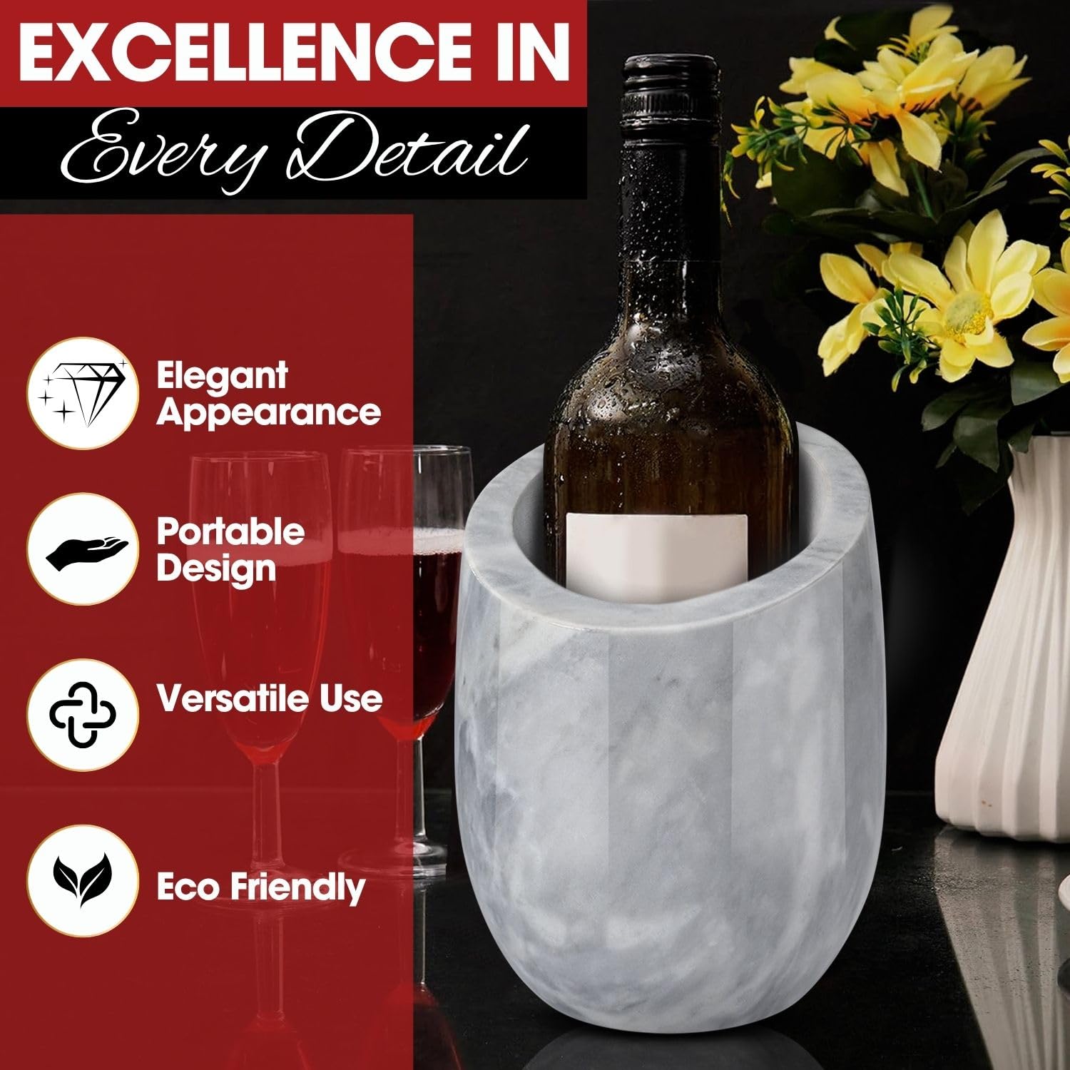 Flexzion Cubo enfriador de vino de mármol, enfriador de champán, enfriadores de vino para botellas y soporte multiusos para utensilios de cocina, enfriador de botellas de vino de piedra adaptable de