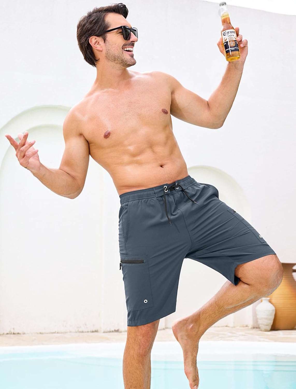 SILKWORLD Mens Swim Trunks Compression Lined Swimming Shorts 9" Quick-Dry Bathing Suits with Zipper Cargo Pockets