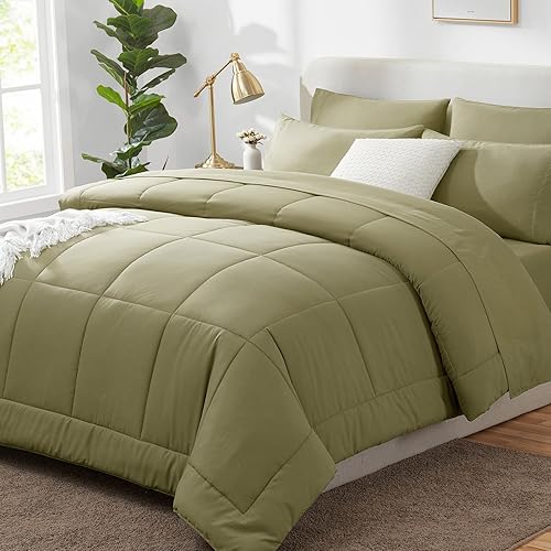CozyLux King Size Comforter Set - 7 Pieces Bed in a Bag Set Olive Green, King Bedding Set with All Season Quilted Comforter, Flat Sheet, Fitted Sheet, Pillowcases