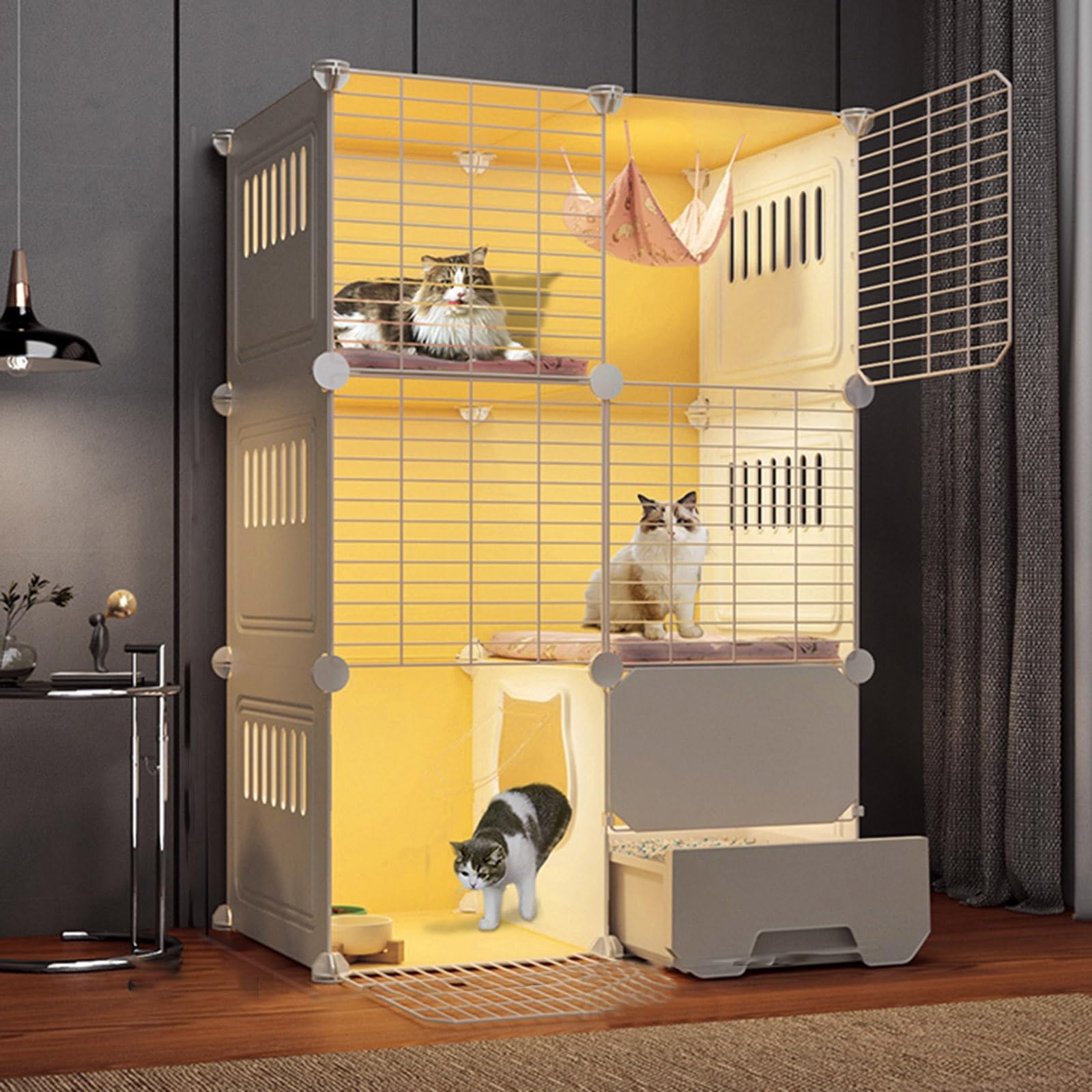 Katzenkäfig für den Innenbereich, zusammenklappbarer Haustierkäfig für Kleintiere, einfach zu montierende Katzenstreu mit Katzenklo
