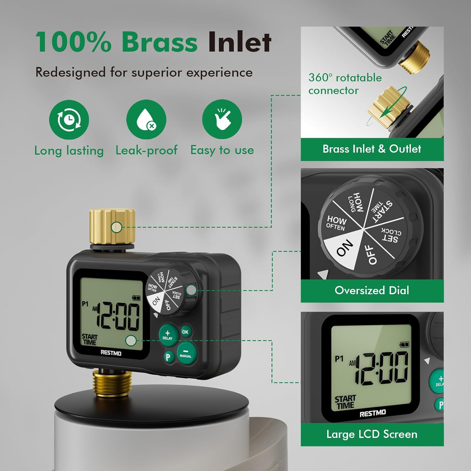 RESTMO Remote Control Brass Sprinkler Timer for Outdoor Hose Faucet, Up to 11h59m Programmable Watering Timer for Soaker Hose, Misting with Large Dial, Rain Delay/Manual/Automatic Irrigation System