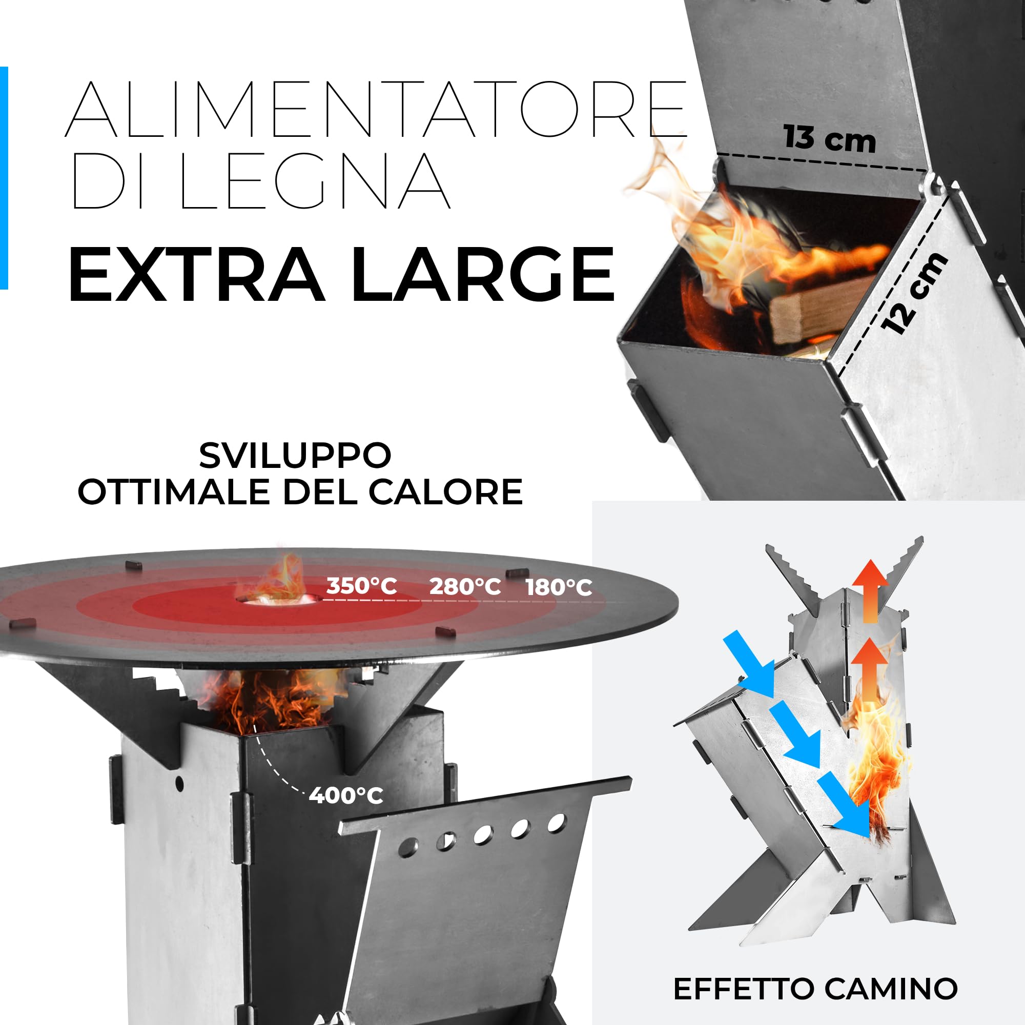 GRAFT Forno a razzo con piastra grill Rocket Stove, sistema a incastro in acciaio spesso 3 mm, braciere a pellet, forno a legna, fornello da campeggio, barbecue a legna