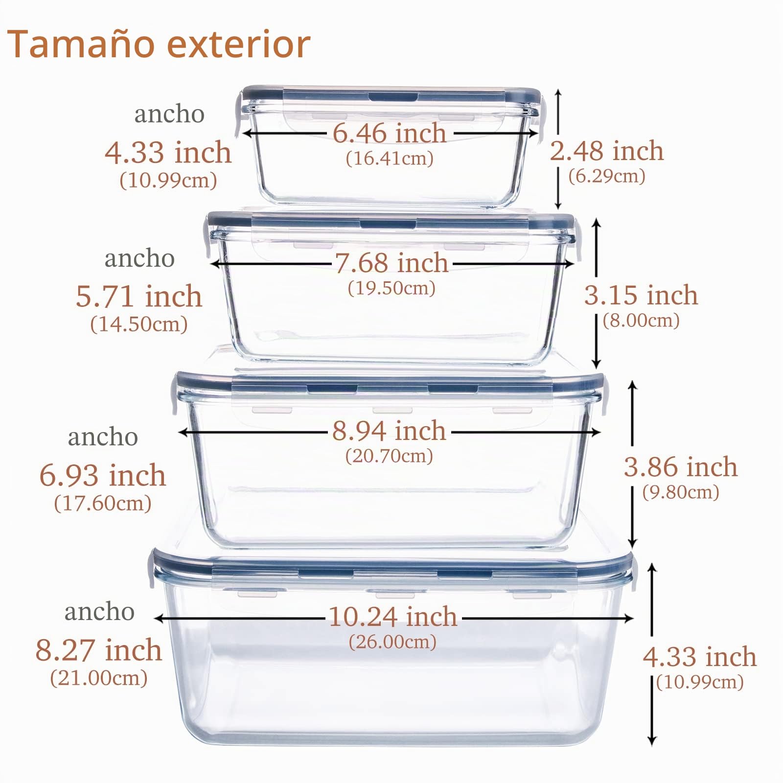 Recipientes de cristal para alimentos - 8 pieza (4 envase, 4 tapa) Set de Contenedores de Alimentos, Apto para lavavajilla, microondas, congelador, A Prueba de Fugas, Sin BPA (Rectangular)