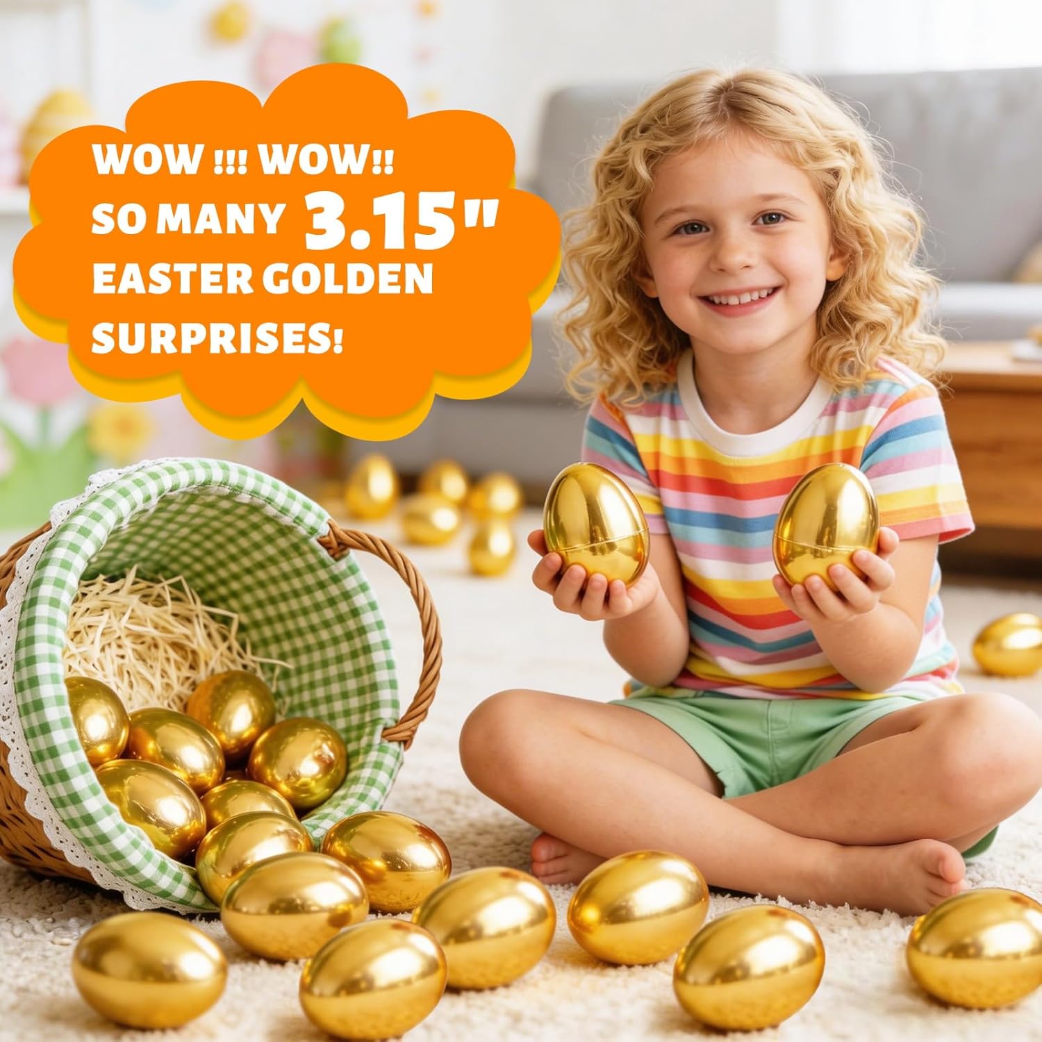 3.1" Large 50 Pack Golden Easter Eggs Fillable Plastic Easter Eggs Bulk Empty Easter Basket Stuffers for Easter Treats Filler Eggs Hunt Supplies Classroom Prize Easter Party Favors Packs Kids Toddler