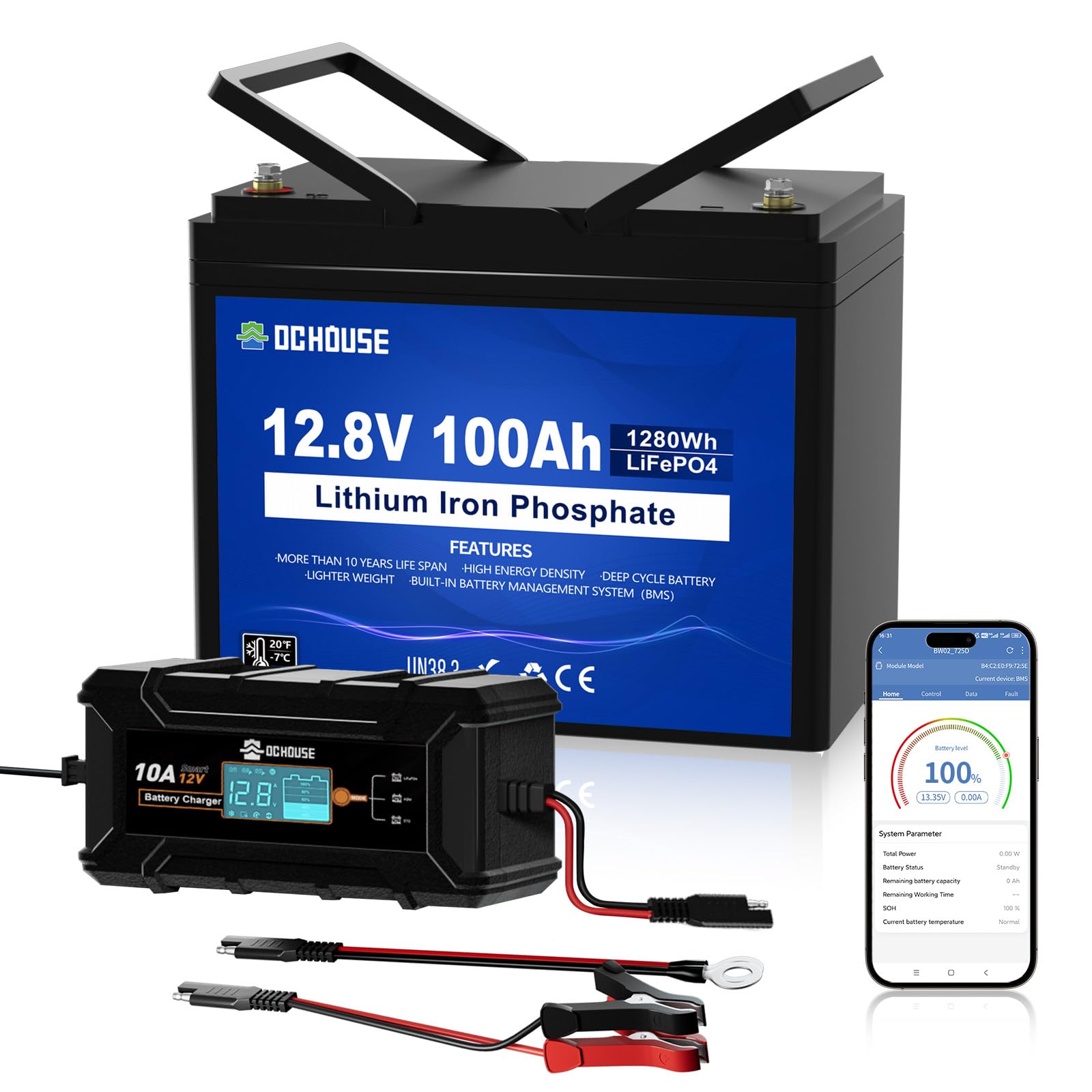 DCHOUSE Batteria LiFePO4 12V 100Ah con Bluetooth e Caricabatterie 10A, BMS 100A, Protezione da Bassa Temperatura, fino a 15000 Cicli, per Camper, Campeggio e Sistemi Solari