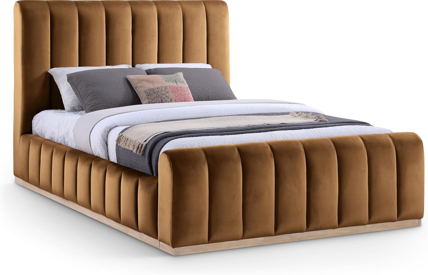 Meridian Furniture AmaraSaddle-Q Collection Modern | Contemporary Queen Bed, Ultra Luxe Saddle 460 GSM Velvet, Natural Finish, Solid Wood Base and Inner Frame, 66.5" W x 99" D x 51" H, Saddle, Queen