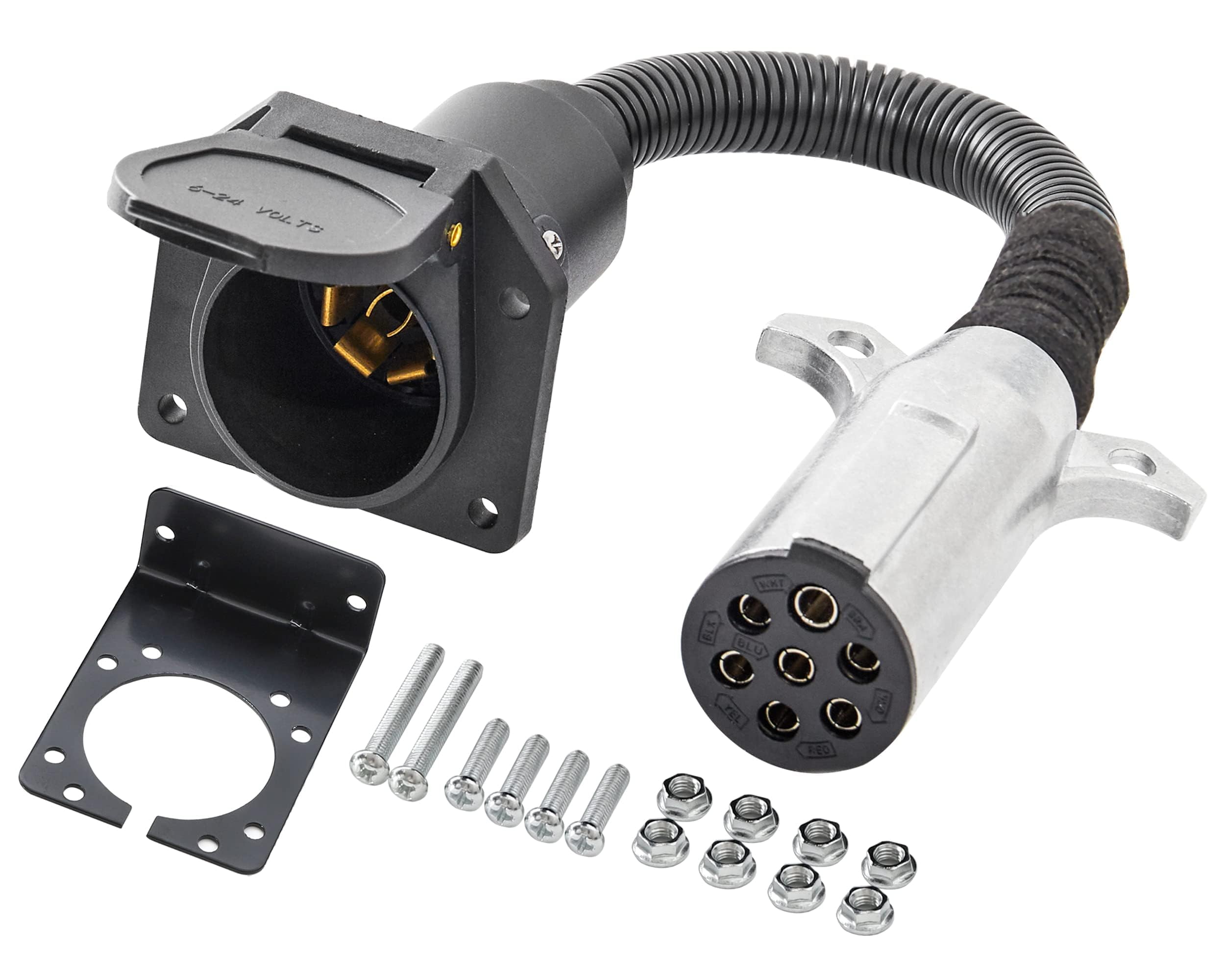 Oyviny 7 Pin Round to 7 Pin RV Trailer Adapter with Mounting Bracket, 7 Pole Round to 7 RV Blade Adapter 14 Inches Length