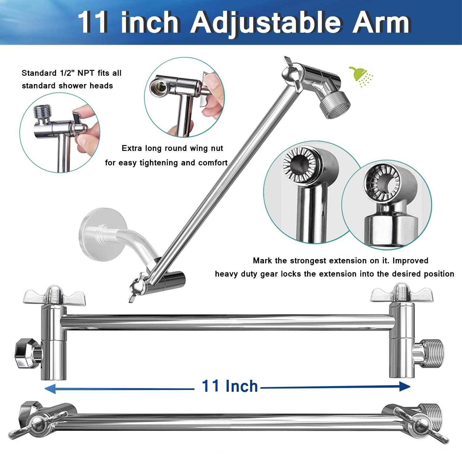Shower Head Combo,10 Inch High Pressure Rain Shower Head with 11 Inch Adjustable Extension Arm and 3 Settings Handheld,Powerful Shower Spray Against Low Pressure Water with Long Hose(Chrome)