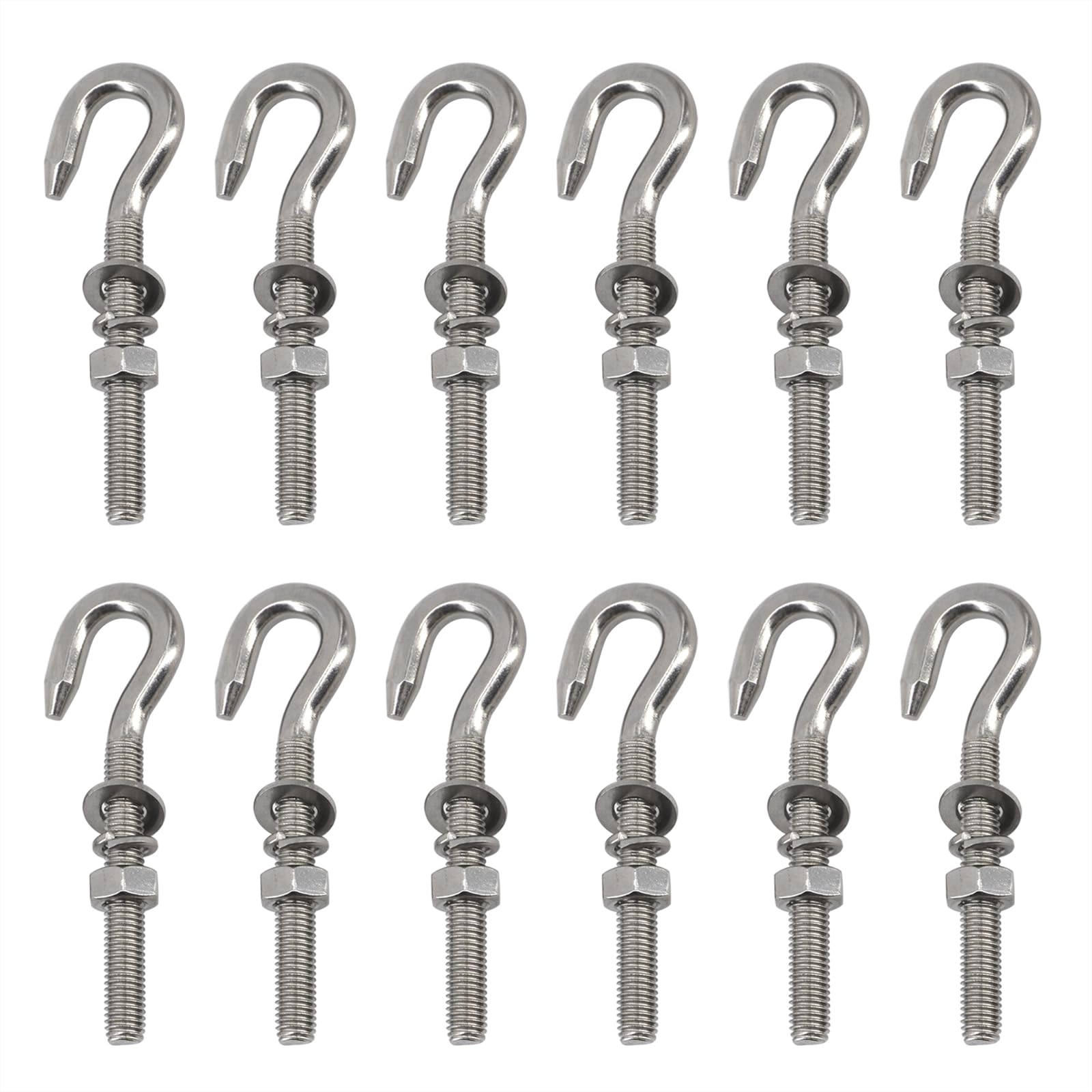 12 Pack M6 304 Stainless Steel Hook Bolt Long Shank Threaded Rod Hanging Hook with Washers an Nut for Garden Fence, Hammocks