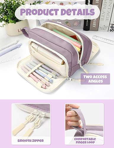 Miniatura 10 de SUNEE Lindo estuche para lápices, estuche estético para bolígrafos con 3 compartimentos, bolsa de lápices grande de color Kawaii con cremallera,