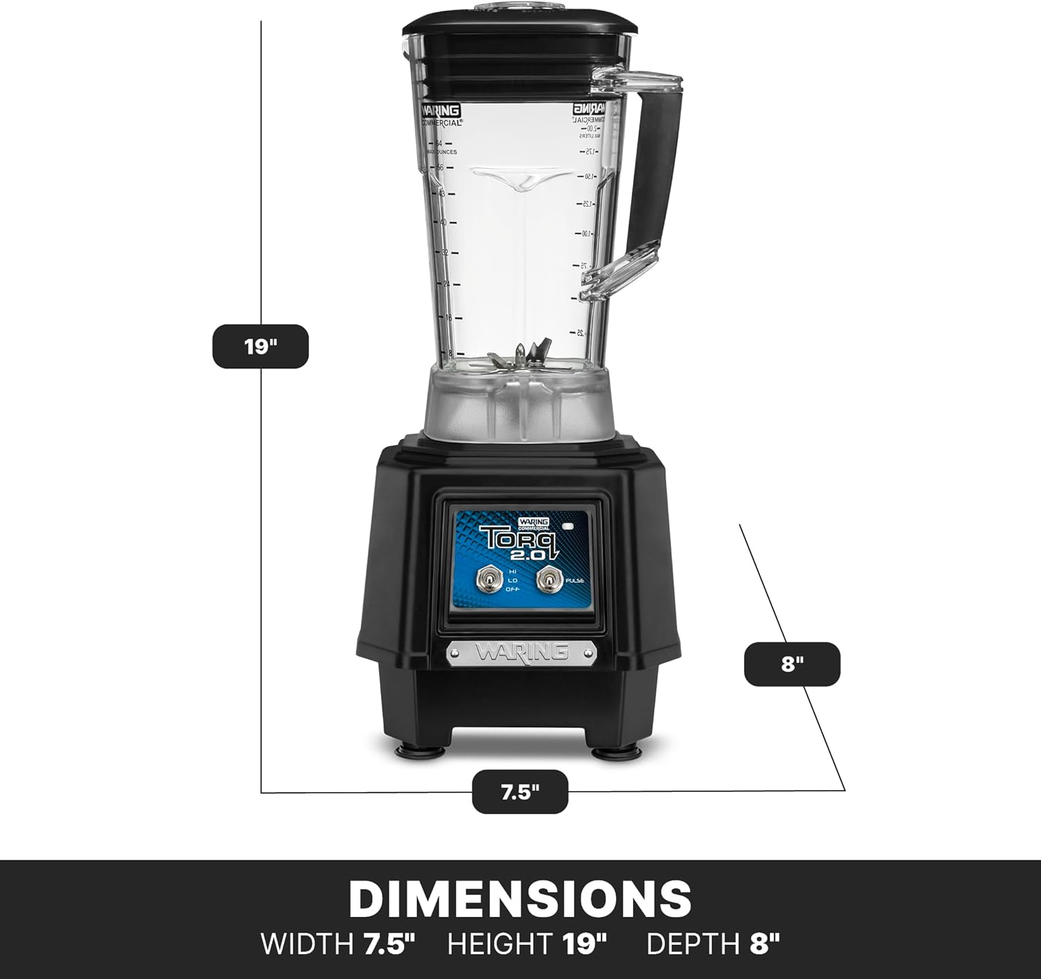 Waring Commercial TBB145P6 TORQ 2 Horsepower Blender, 2 speed Toggle Switch Controls, with 64 oz. BPA Free Container, 120V, 5-15 Phase Plug, Black - Image 6
