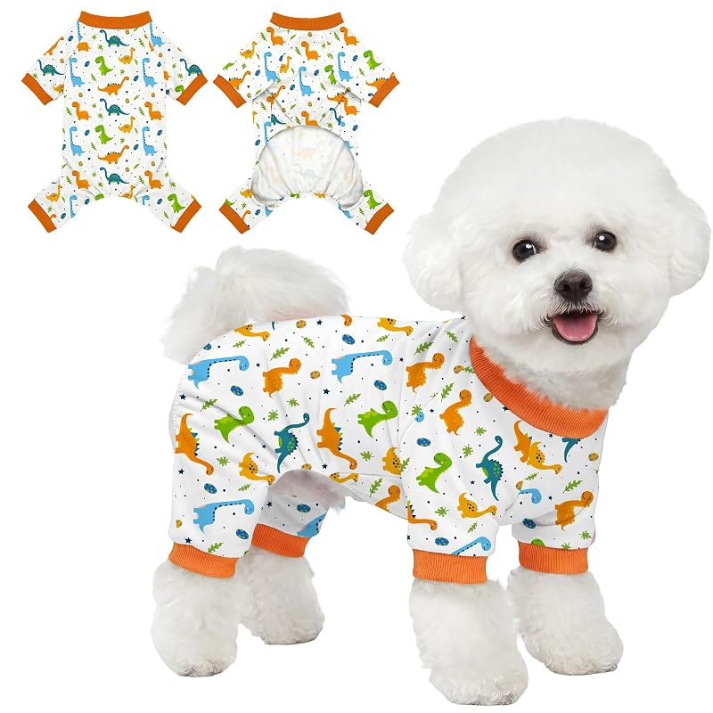 Pijama para Cães Ruirichfun com Estampa de Dinossauro, Tecido Respirável, Laranja, Tamanho Grande (peito 46 cm)