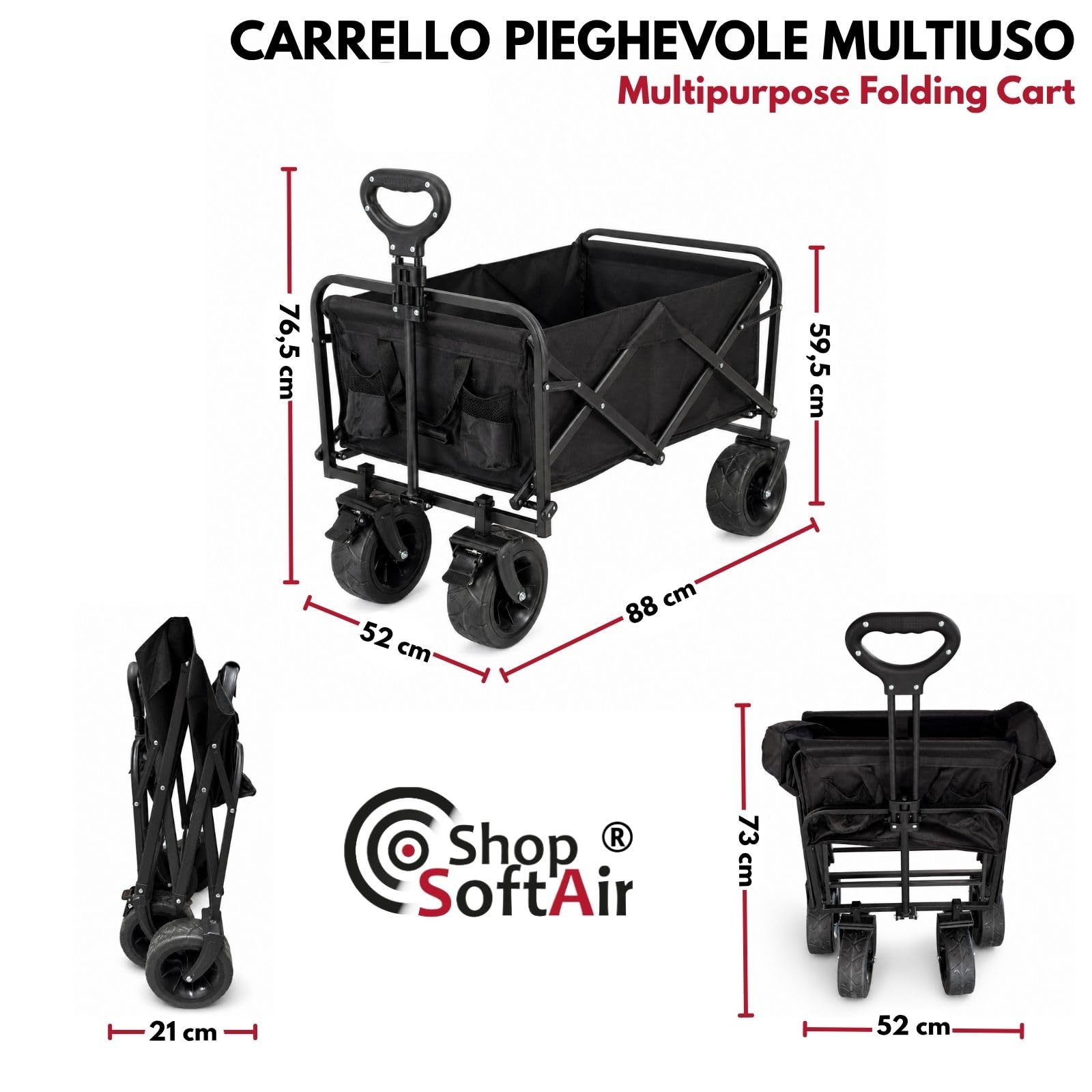 Carrello Pieghevole Multiuso, Nero o Blu, Acciaio e PVC Oxford, 52x88 cm, Portata 75 kg, Manico Retrattile, 4 Ruote (NERO)