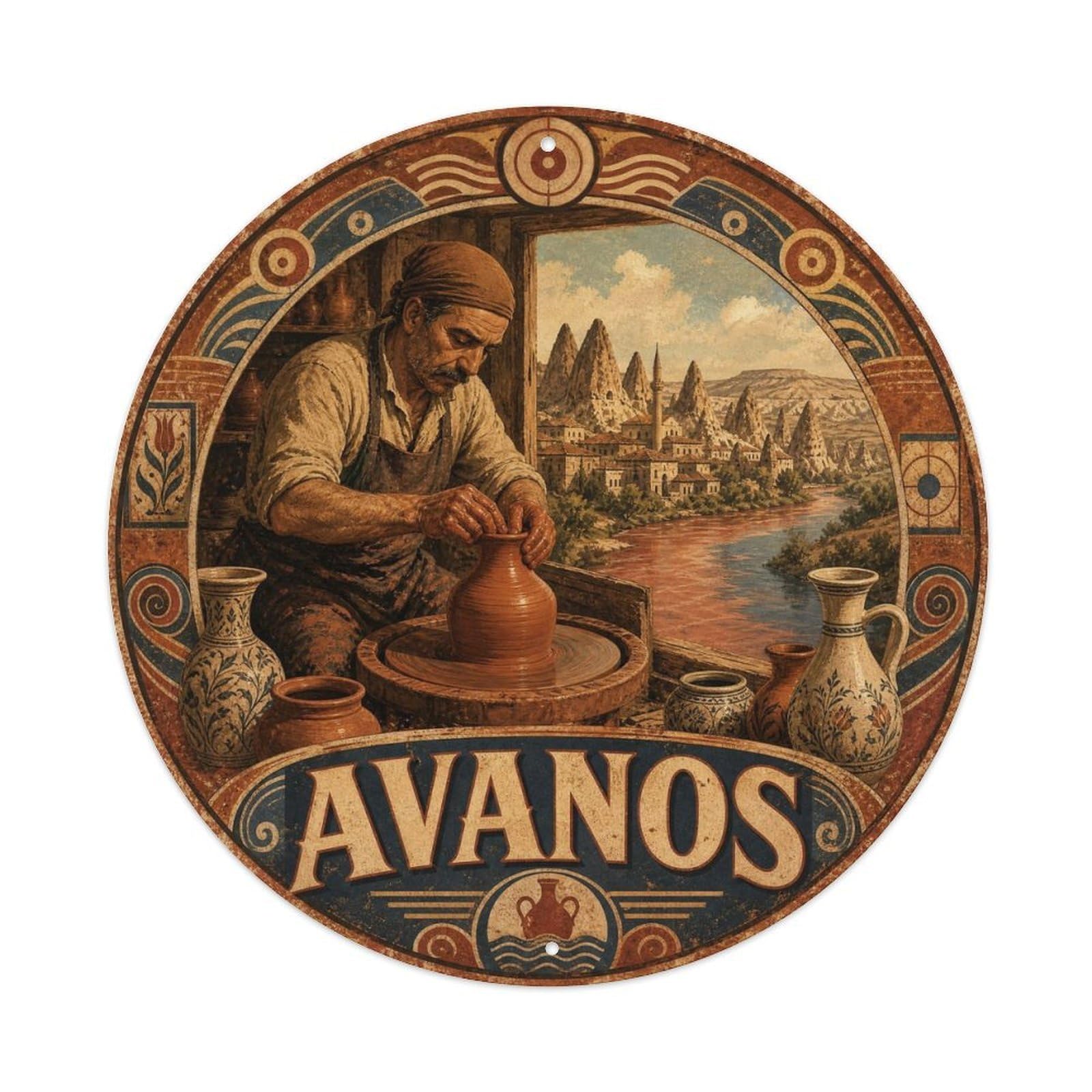 Olhnbad 8X8inch Style Avanos Pottery Turkish Textile Weathered Vintage Metal Tin Sign