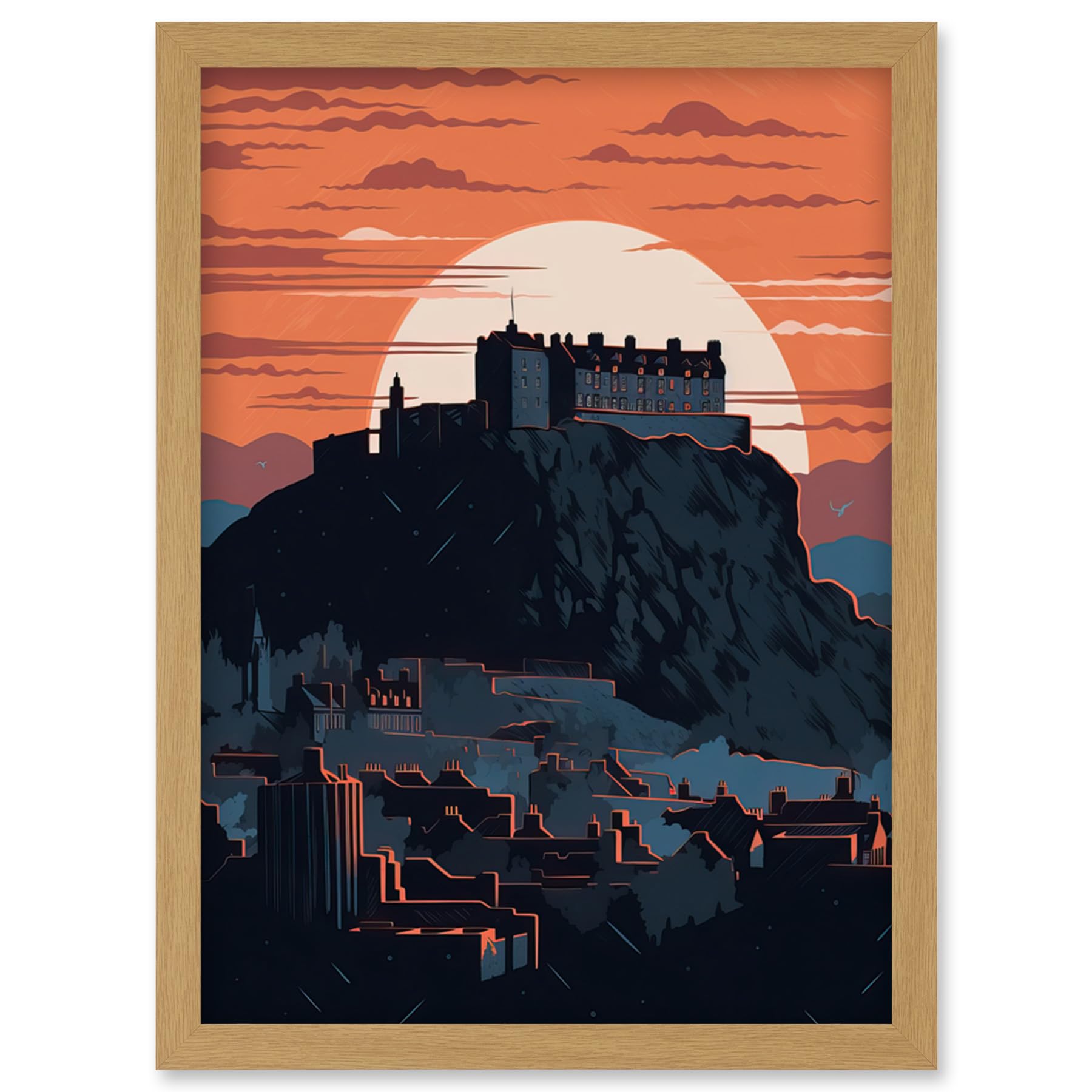 Artery8 Edinburgh Castle and Old Town Atmospheric Sunset Artwork Framed Wall Art Print A4