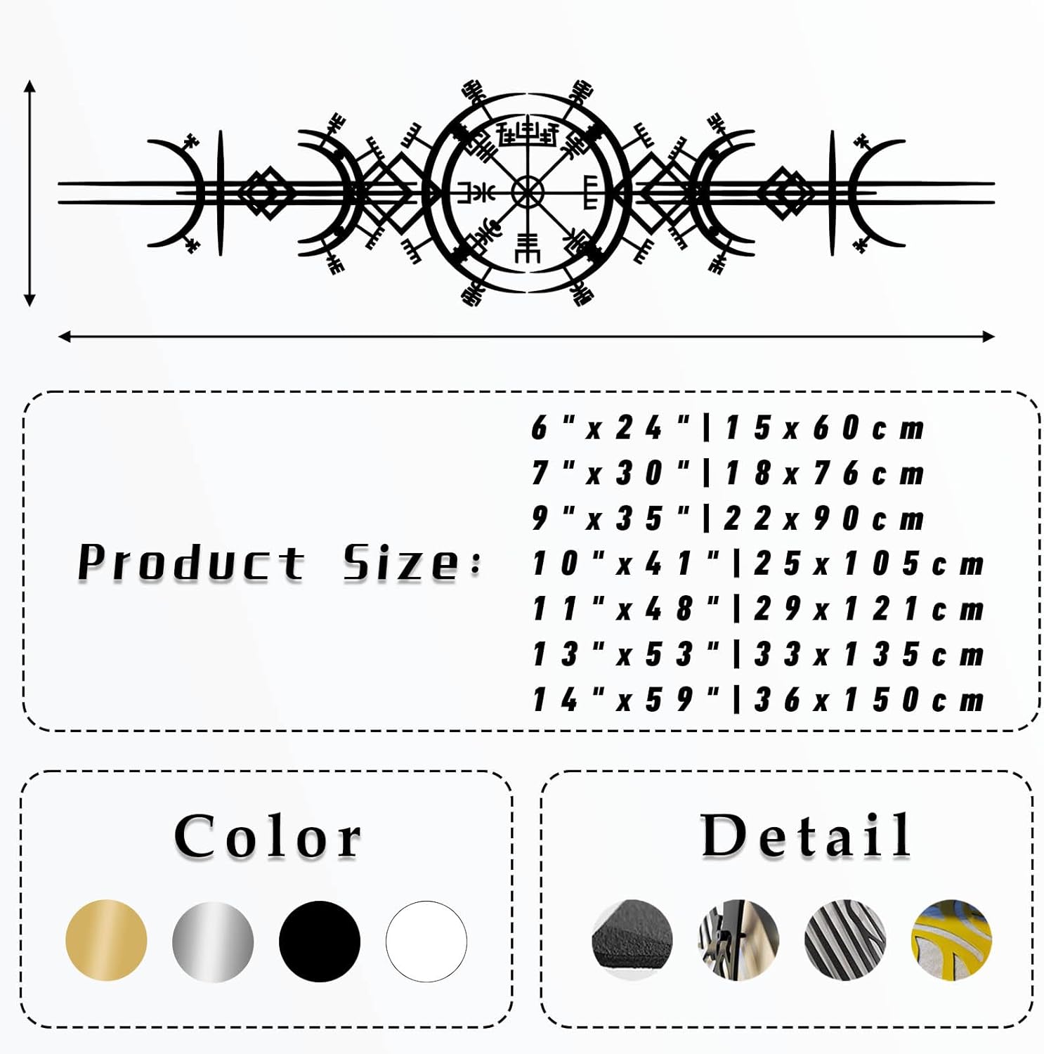 lecyin Vegvisir Metal Wall Art, Viking Wayfinders Wall Decor, Viking Symbol Metal Wall Hanging, Rune Circle with Mjlnir, Old Norse Sign, Extraordinary Vegvisir Sculpture (Black, 7"x30") - Image 4