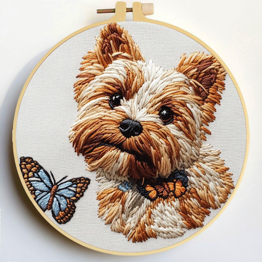 Punch Needle Kits Yorkshire Terrier Dog and Butterfly 20x20cm-2