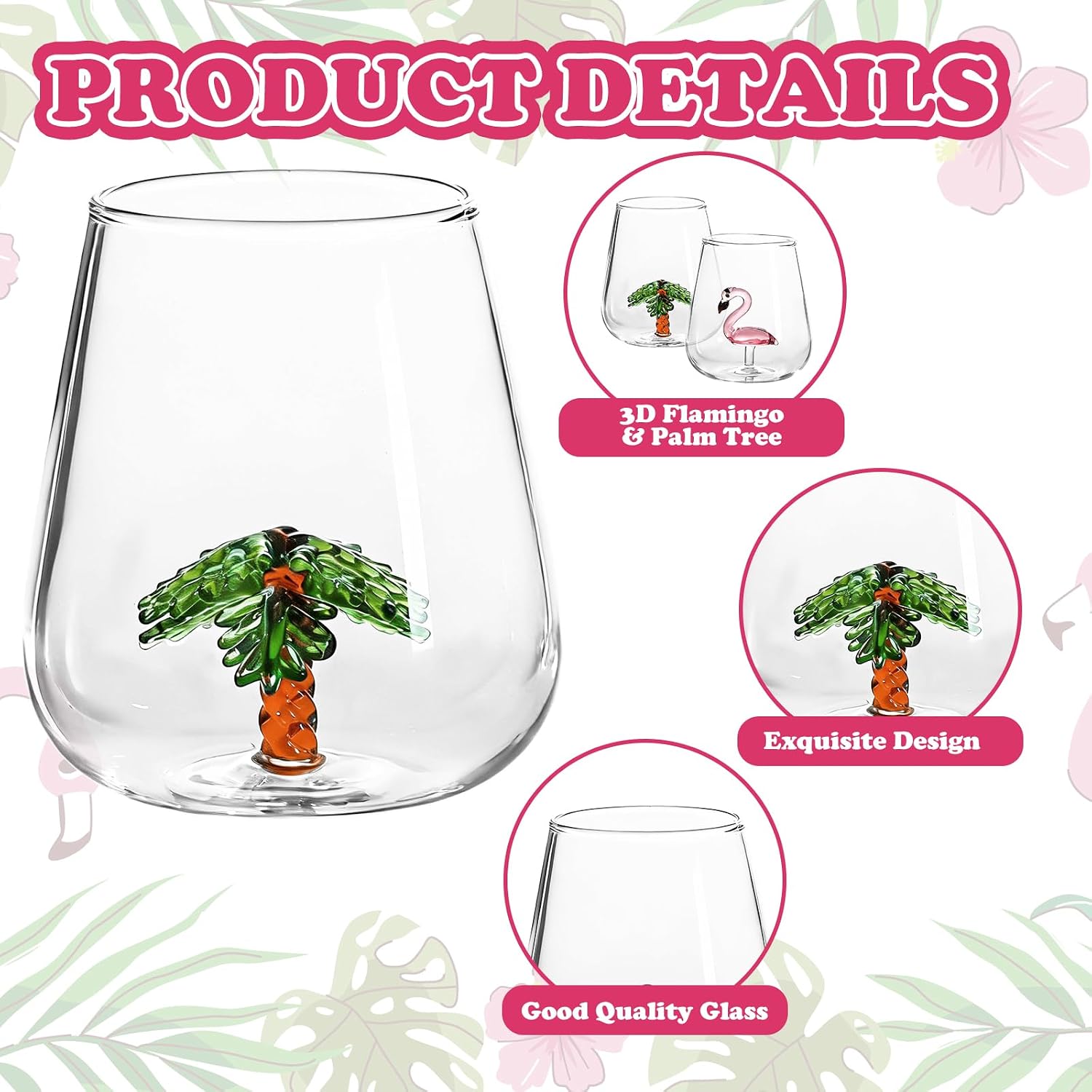 JarThenaAMCS 15Oz 3D Summer Tropical Stemless Wine Glass Hand Blown Flamingo Palm Tree Clear Drinking Glasses for Hawaiian Pool Home Party Bar Supplies, 2Pcs