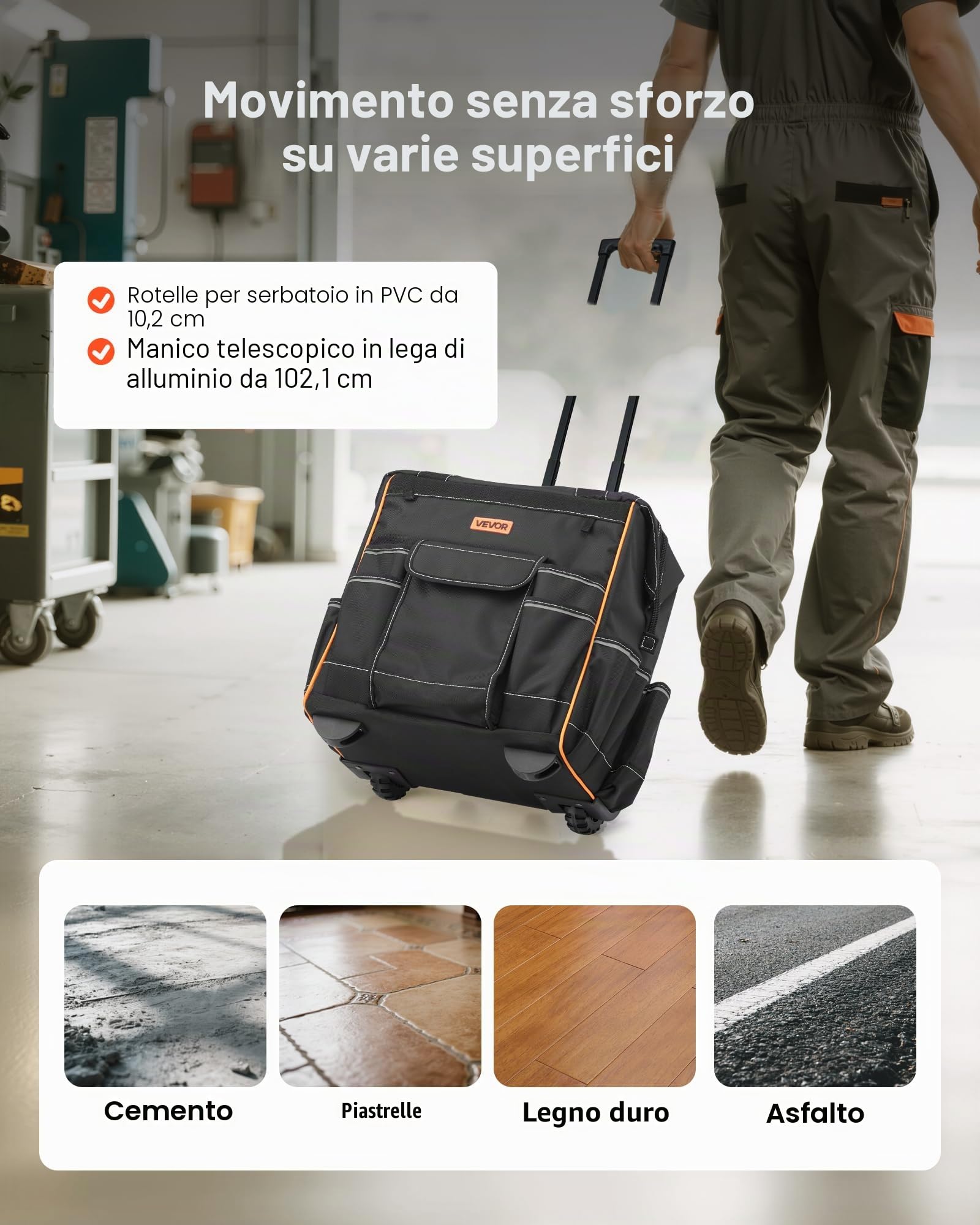 VEVOR Zaino Portautensili con Ruote, Capacità max. 50 kg, Borsa Portautensili con Ruote da 25 Tasche, Maniglia Telescopica Regolabile, 390 x 290 x 420 mm, Organizzatore per Borse per Lavoro