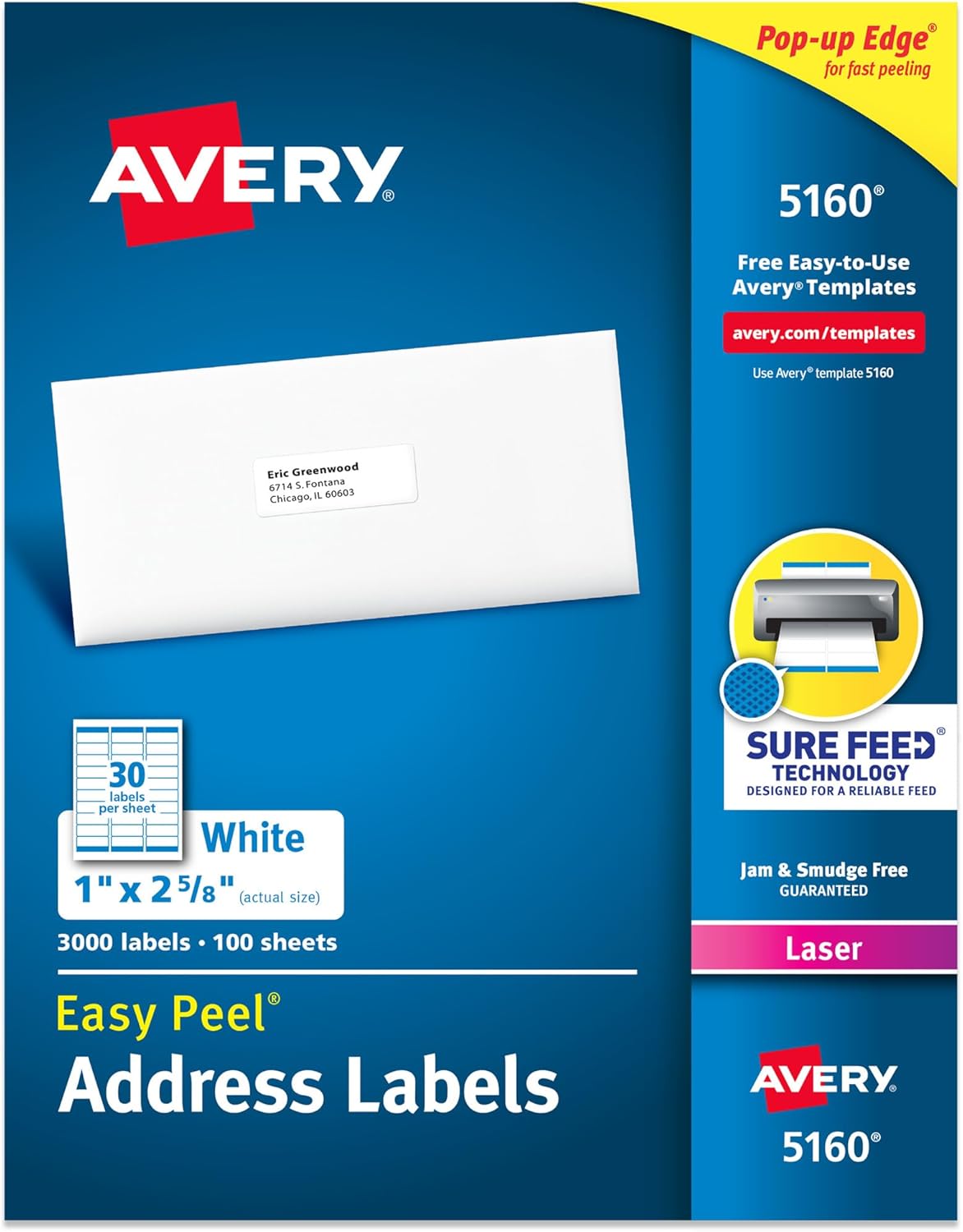 Avery Easy Peel Printable Address Labels with Sure Feed, 1″ x 2-5/8″ Customizable Stickers, White, 3,000 Blank Mailing Labels, Great for Mailing, Shipping, and More (5160)