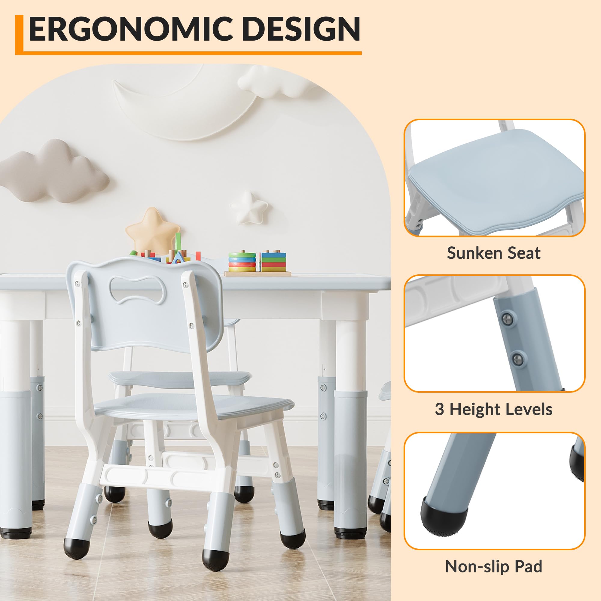Table Enfant avec Chaise - Hauteur réglable,Bureau Enfant avec 4 chaises Design Antidérapante,Ensemble Bureau pour Chambre & Salle Classe de Maternelle(Gris)