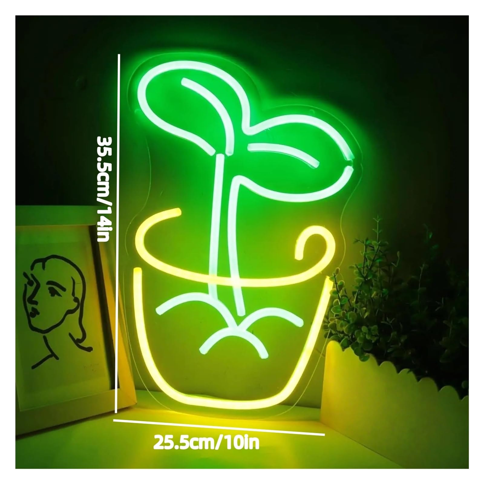 XENITE Luces Art Decoration Christmas Letrero De Neón De Planta Para Decoración De Habitación, Luz De Planta En Maceta, Lámpara De Hoja Verde Regulable Para Pared, Dormitorio 10inx14in