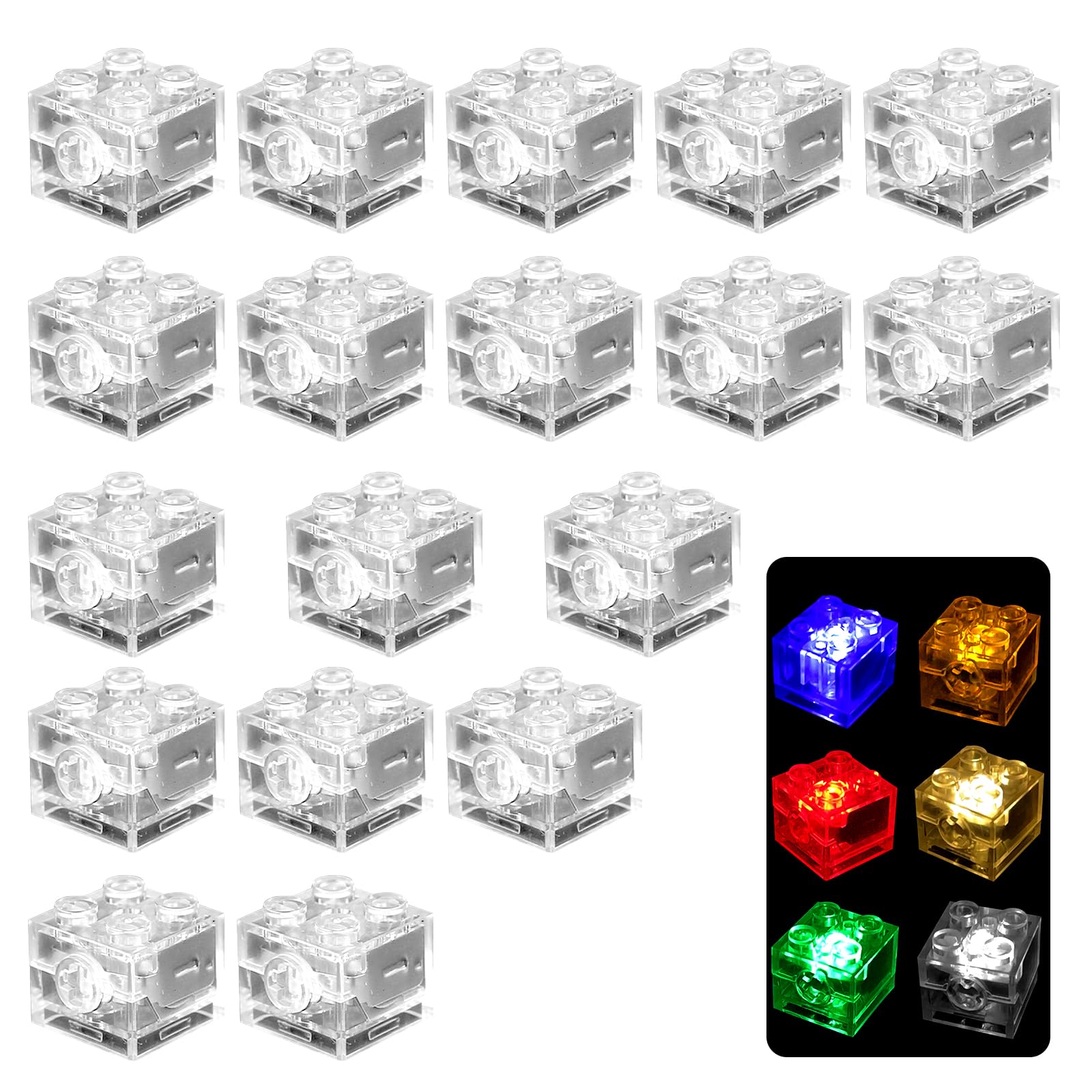 Light Up Building Bricks, 18 LED Light Bricks, 2x2 Square, 6 Colours, Compatible with Standard Building Blocks, Replaceable Batteries (Square)