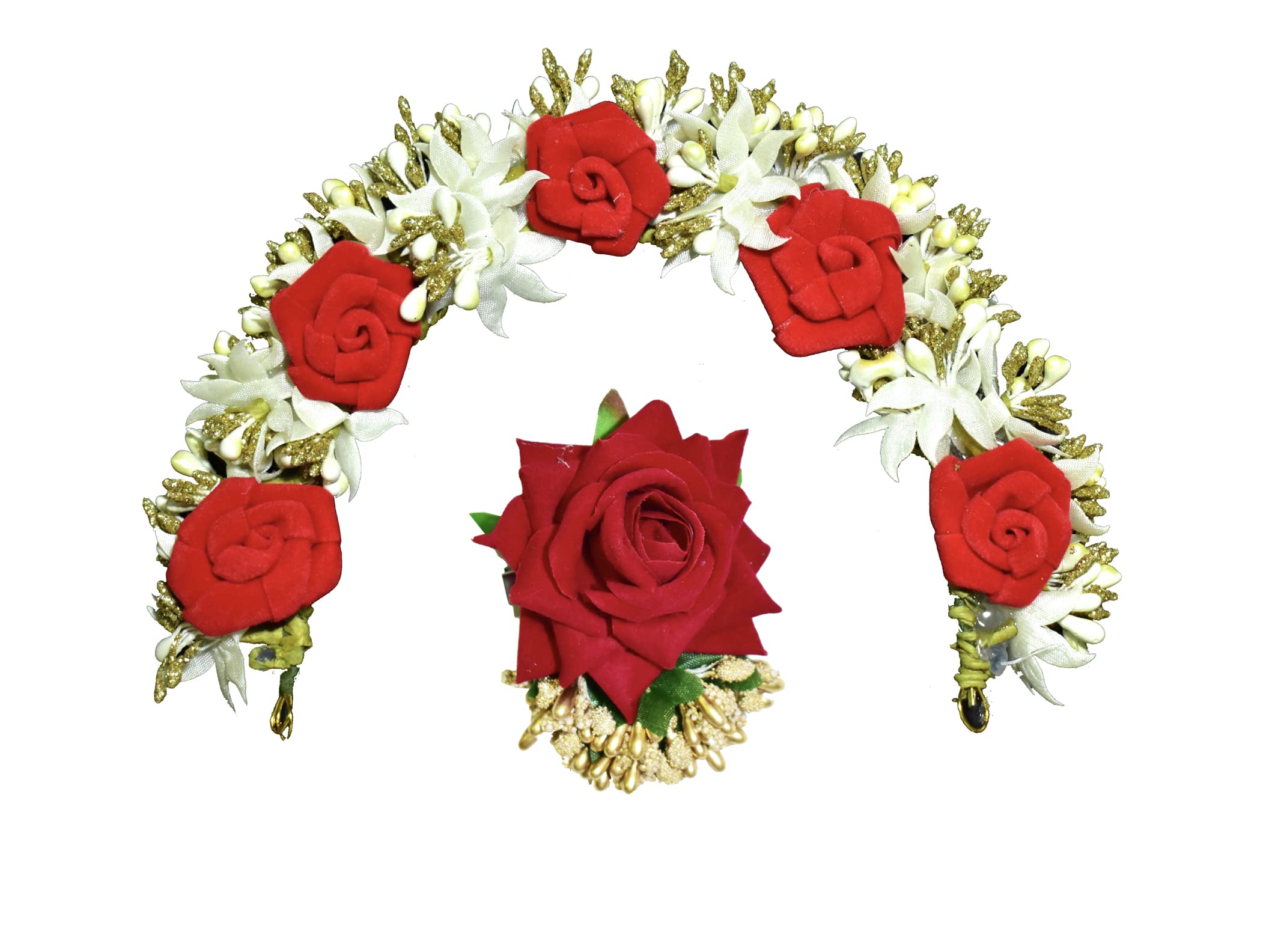 Tarini Gallery Gajra and Red Rose Flower Clip Combo Artificial flower Hair Bun accessories Indian Handmade Hair Ornament for Women Partywear Marriage Mehndi Festival Gifting