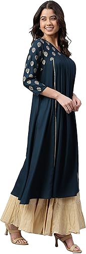 Miniatura 5 de Janasya Kurta de rayón verde azulado para mujer india