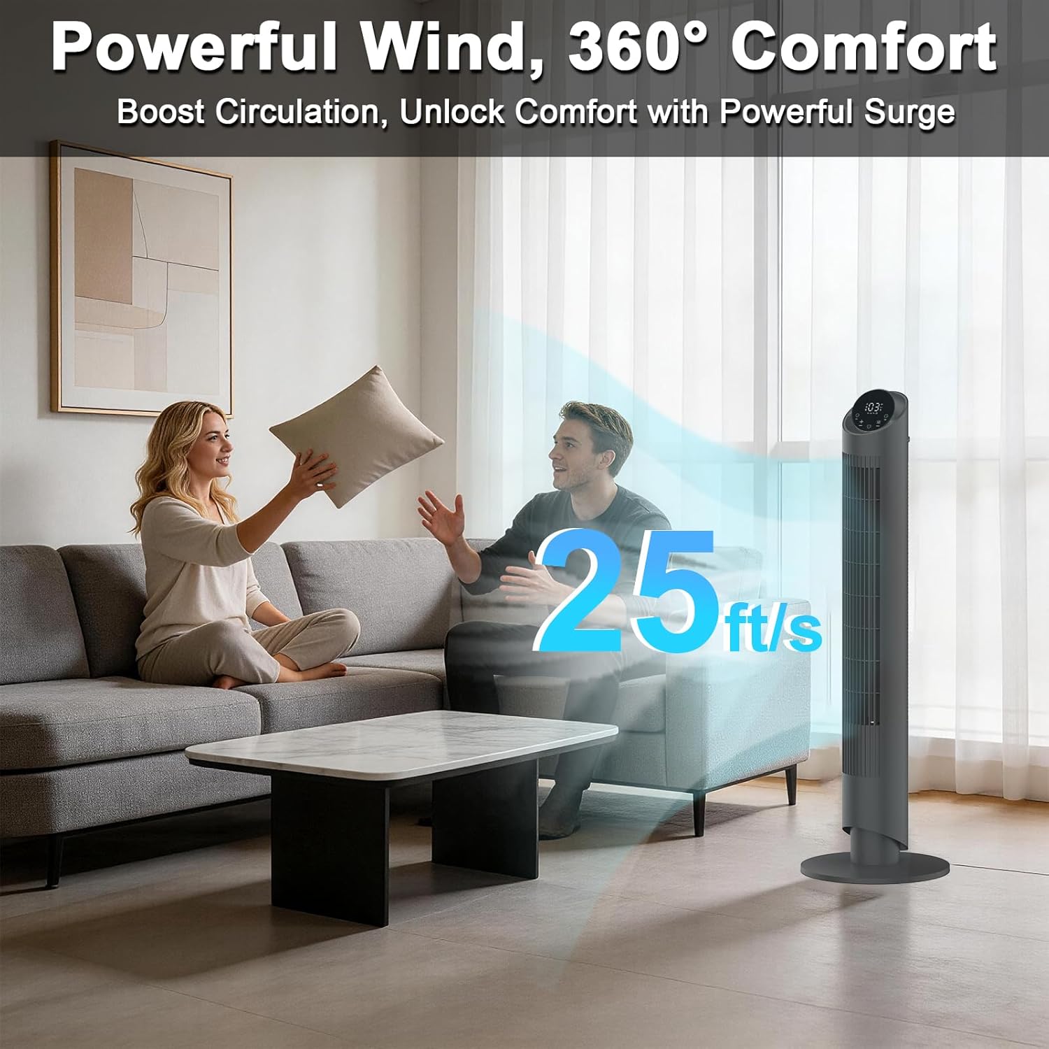hykolity 40'' Tower Fan for Bedroom, 90° Oscillating Standing Fan, 28dB Ultra Quiet, 26ft/s Velocity Bladeless Floor Fan with 3 Speeds & 4 Modes, 12H Timer for Living Room, Home, Office, Black