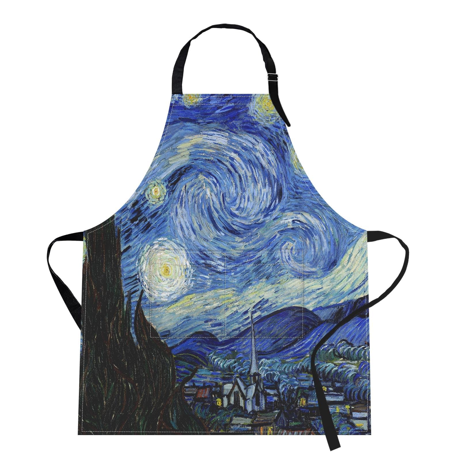 Britimes Apron Home Kitchen Cooking Baking Gardening for Women Men With Pockets Starry Night Oil Painting 32x28 inch