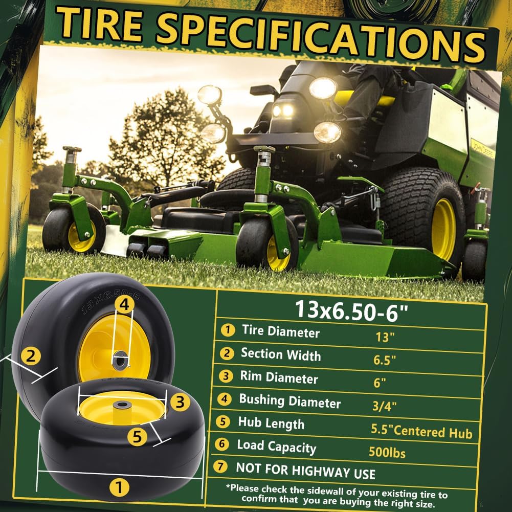 13x6.50-6 Flat Free Tire and Wheel with Rim,Universal 13x6.5-6 Solid Smooth Rubber Zero-Turn Lawn mowers Tire,5.5"-7.72”Centered Hub and 3/4" extra 5/8" 1/2” Bushings(Yellow) 13x6.50-6 Flat-Free (Centered Hub,Bushings) Yellow