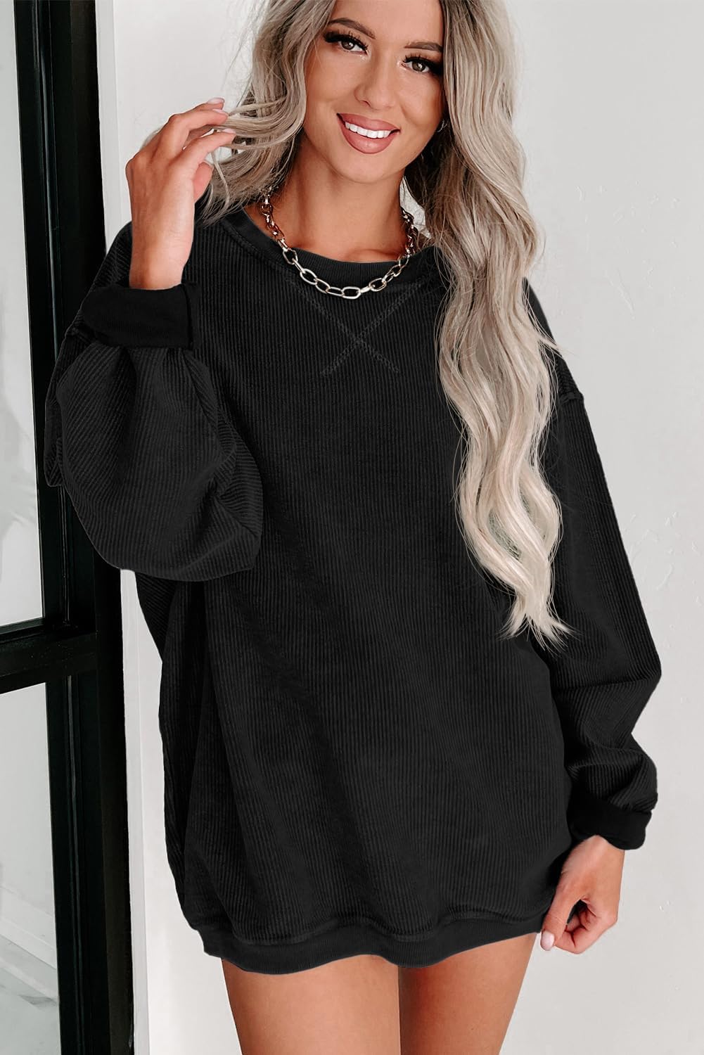 Womens Sweatshirts Casual Cored Corduroy Pullover Tops Oversized Long Sleeve Crewneck Shirts - Image 3