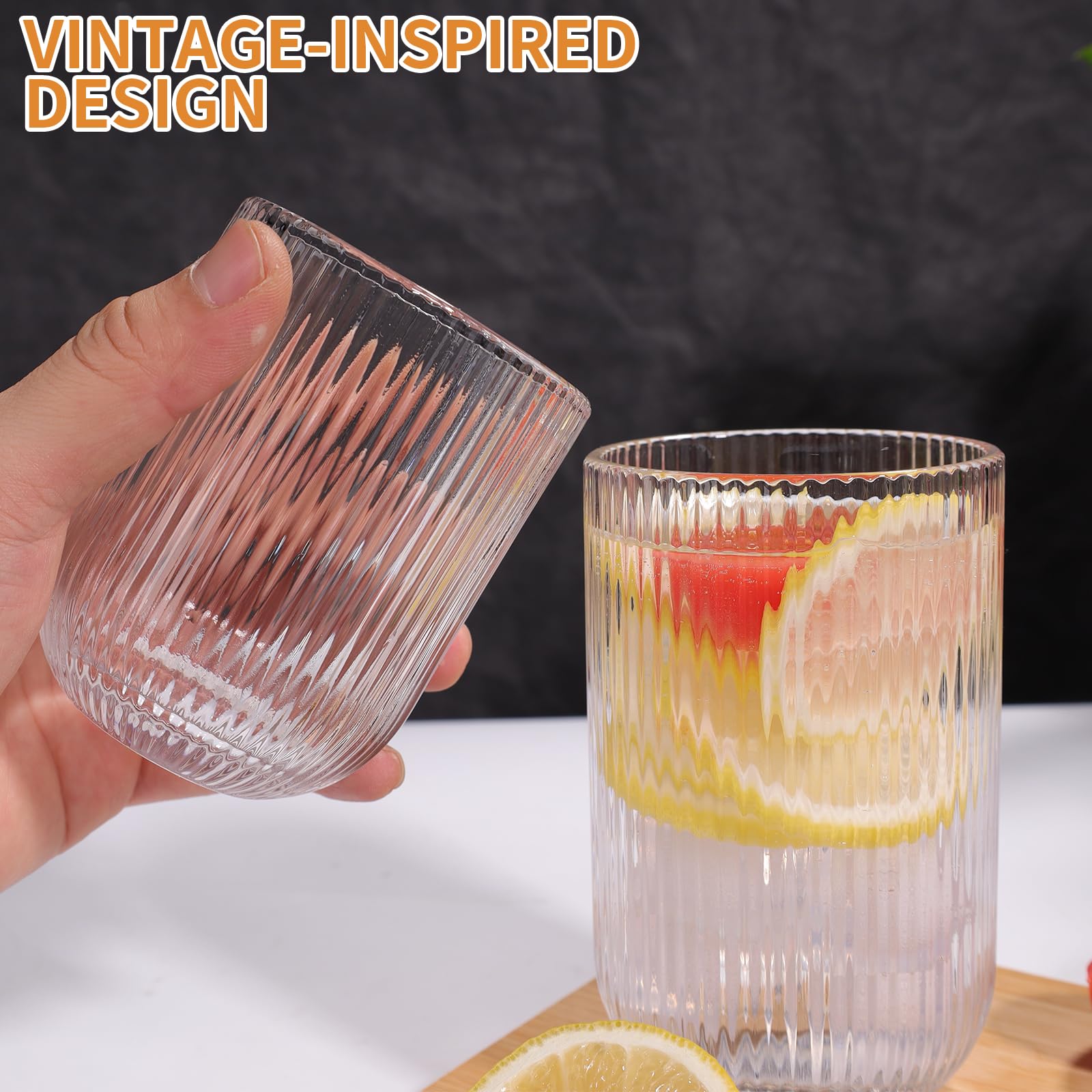 Juego de 8 vasos de cristal acanalados, 4 vasos altos de 14 onzas y 4 vasos de 9 onzas, transparentes, estilo origami, diseño estriado, para leche, agua, cóctel, jugo, cerveza, cepillo de