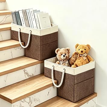 Stair Basket, 16 x 10 x 8 Inches Stair Basket for Stairs with Handle, Clothes Storage Bins, Foldable Staircase Storages Organizer, Versatile Sturdy Bag for Toys, Clothes, Books, Tools 2pc Brown