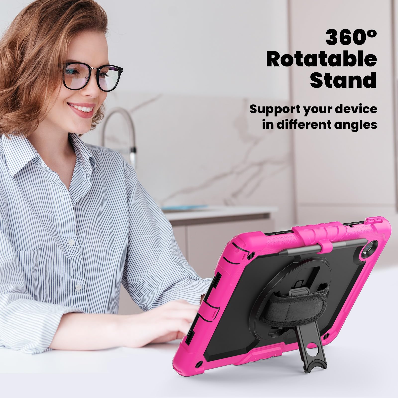 Kompatybilny z Lenovo Tab M11 TB-330FU/Lenovo Xiaoxin Pad 2024 TB-331FC Wytrzymała, odporna na wstrząsy obudowa TPU, osłona ochronna osłoną ekranu Obrotowa podpórka 380 + pasek rękę + ramię(Rose red)
