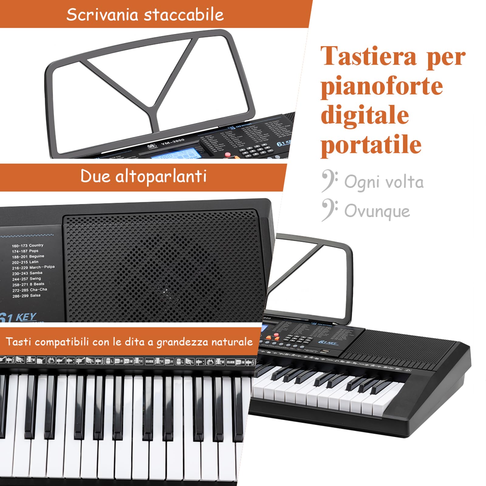 Karaoke Per Bambini USB Pianoforte A Tastiera, 61 Tasti Elettrico Digitale Multifunzione Tastiera Elettrica 61 Tasti
