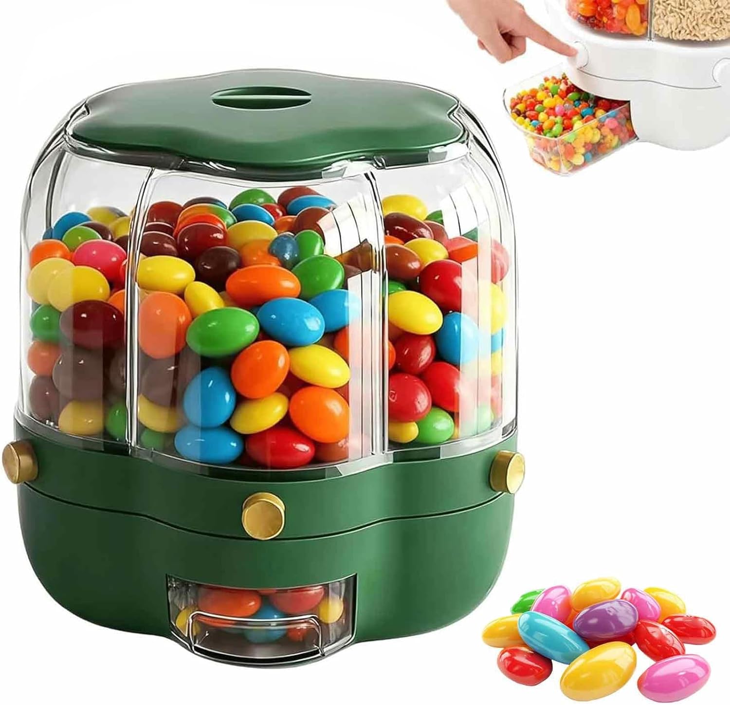 Rotating Candy Dispenser 360° with 6 Compartments, Large-Capacity Countertop Snack & Candy Storage Box, Transparent Multi-Purpose Container for Rice, Grains & Treats(Dark green,Small)