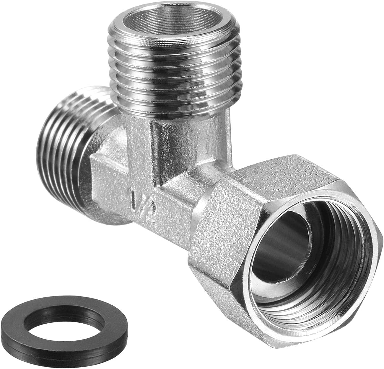 uxcell Pipe Fitting Tee G1/2 1 Female to 2 Male Thread 3 Way T Shape Swivel Nut Hose Connector Adapter, Nickel-Plated Copper