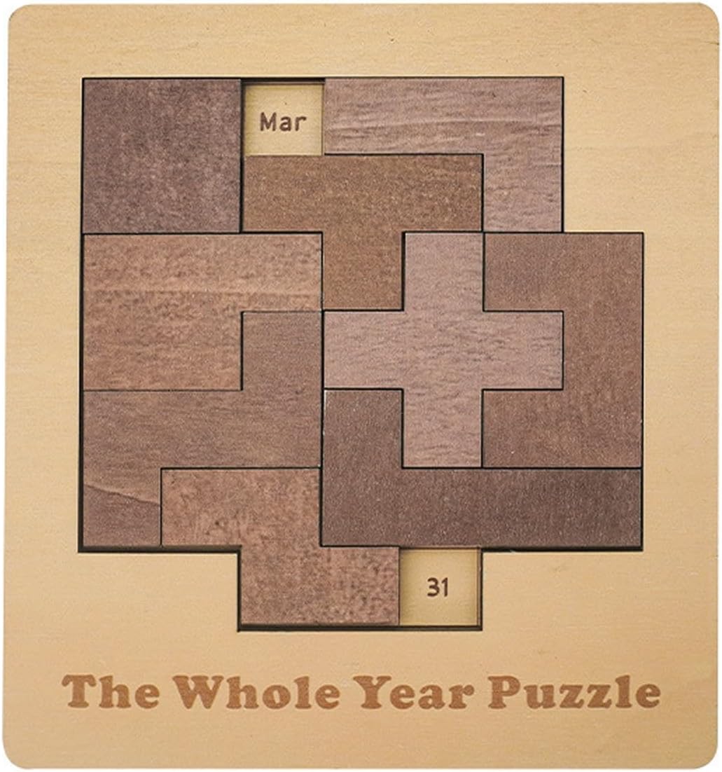 Daily Calendar Puzzle - Wooden Geometric Brain Teaser, A New Puzzle Each Day with Date Tray - 365+ Fractal Logic Challenges for Adults & Teens (Wood)