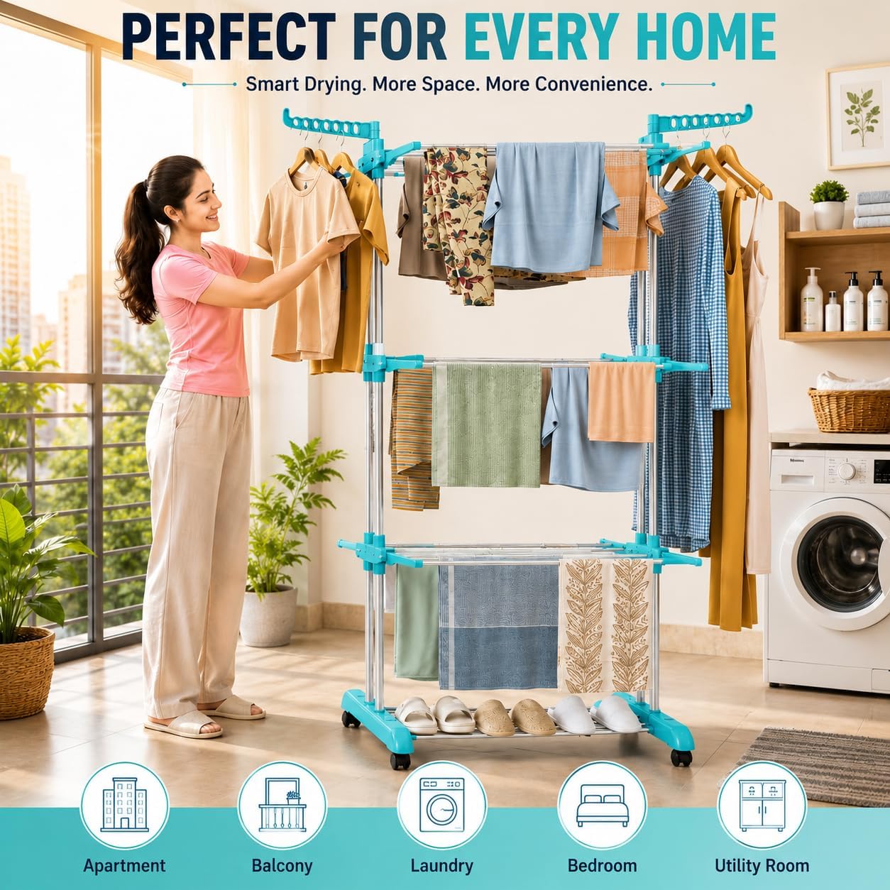 Clothes Drying Rack, 3-Tier Folding Stainless Steel Laundry Rack with Side Wings Indoor & Outdoor Use Space-Saving Design (Blue) Large ABS Steel