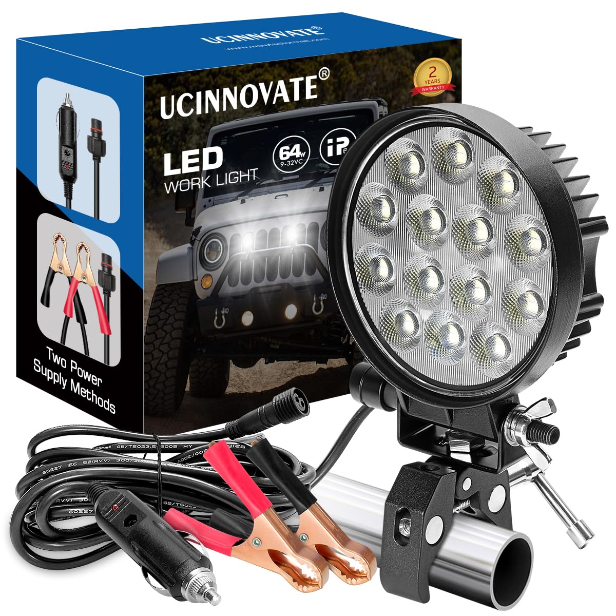 Portable LED Boat Spotlight with Mounting Clamp, 2 Way Power Super Bright LED Work Light 12V Marine Spot Lights for Boats Fishing, Battery Clamps/Cigarette Lighter Power Headlights for Camp Truck RV