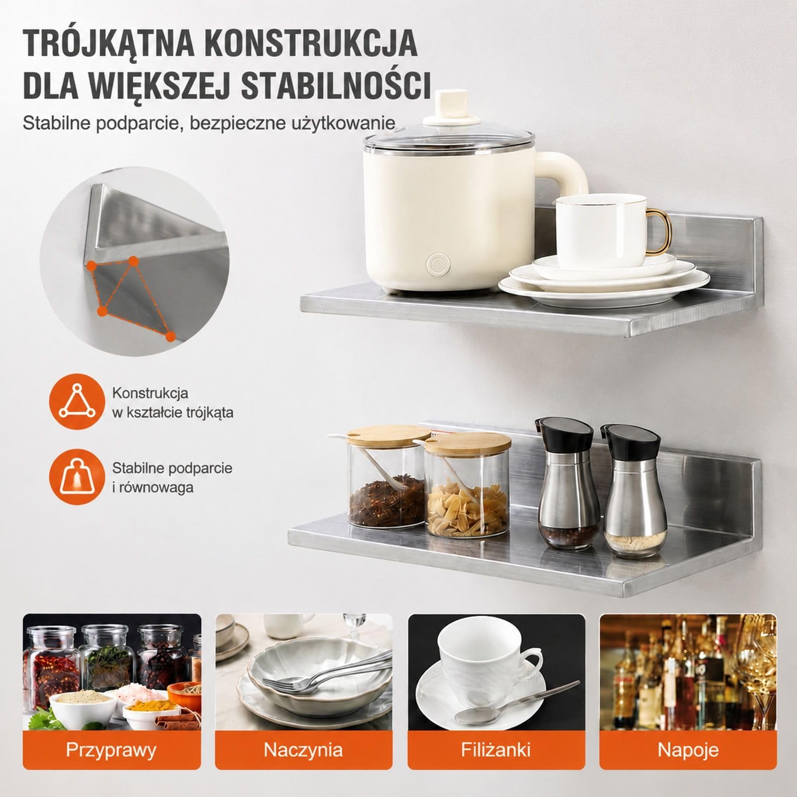 2-częściowa półka ścienna na przyprawy ze stali nierdzewnej 430, wisząca półka kuchenna z tylnym panelem