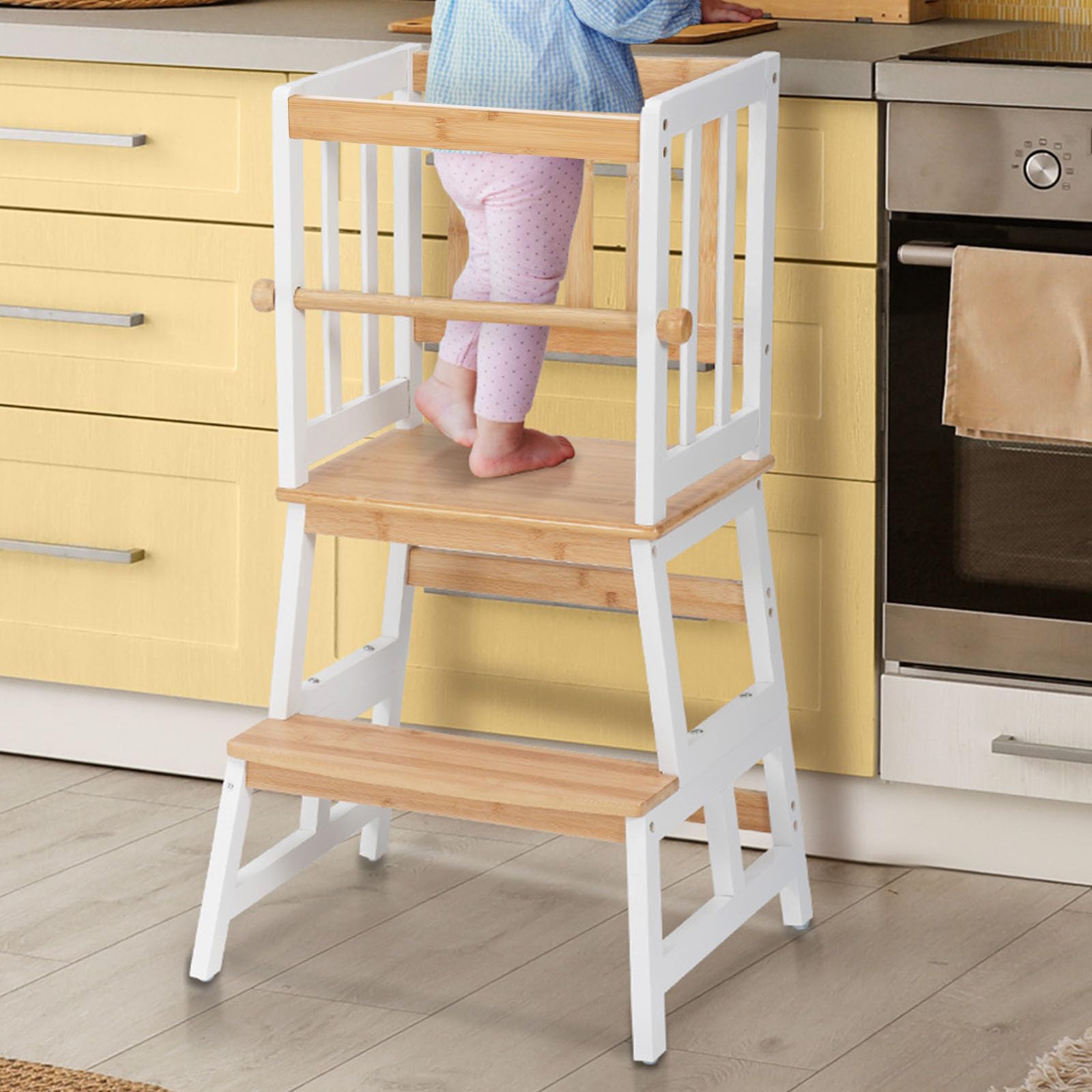 COSYLAND Kids Kitchen Step Stool, Toddler Standing Tower with CPC Certification, Removable Anti-Drop Railing Enjoys Unique Patented Design A Anti-tip Stable Structure 1.5-3 Years Natural & WhiteCOSYLAND Kids Kitchen Step Stool, Toddler Stand…