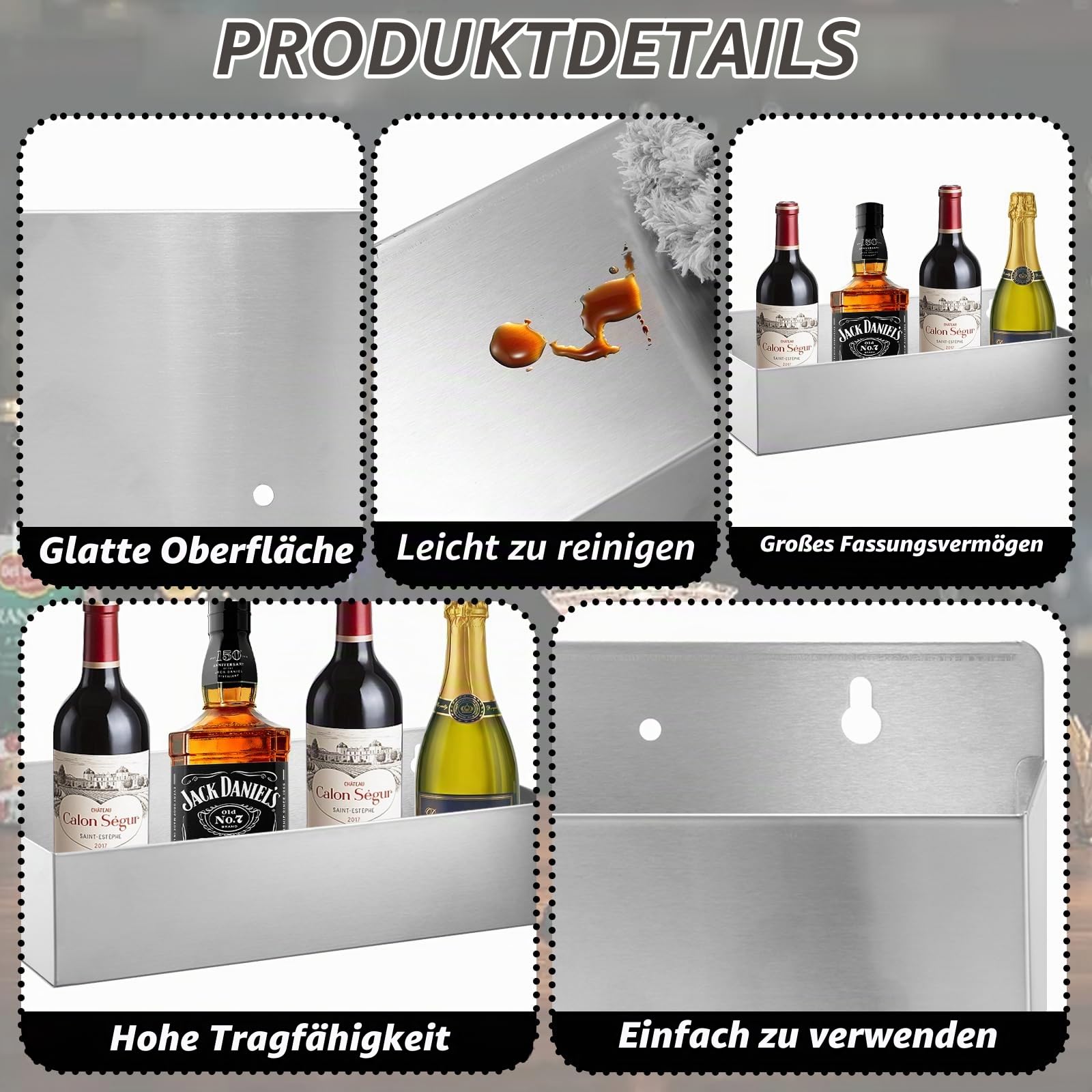 2er Set Edelstahl Speed Rail 38 cm wandmontiertes Spirituosen Weinflaschenregal mit Schrauben, hochbelastbare Getränkeaufbewahrung für Küche, Bar & Essbereich (Silbern)