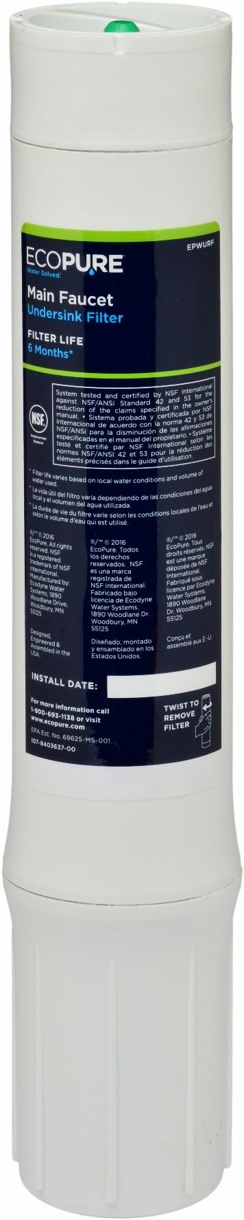 EcoPure EPWURF Main Faucet Replacement Filter – Fits EPWUFF System – NSF-Certified – Reduces Chlorine, Odor & Sediment – 6-Month Life – Quick, Mess-Free Changes