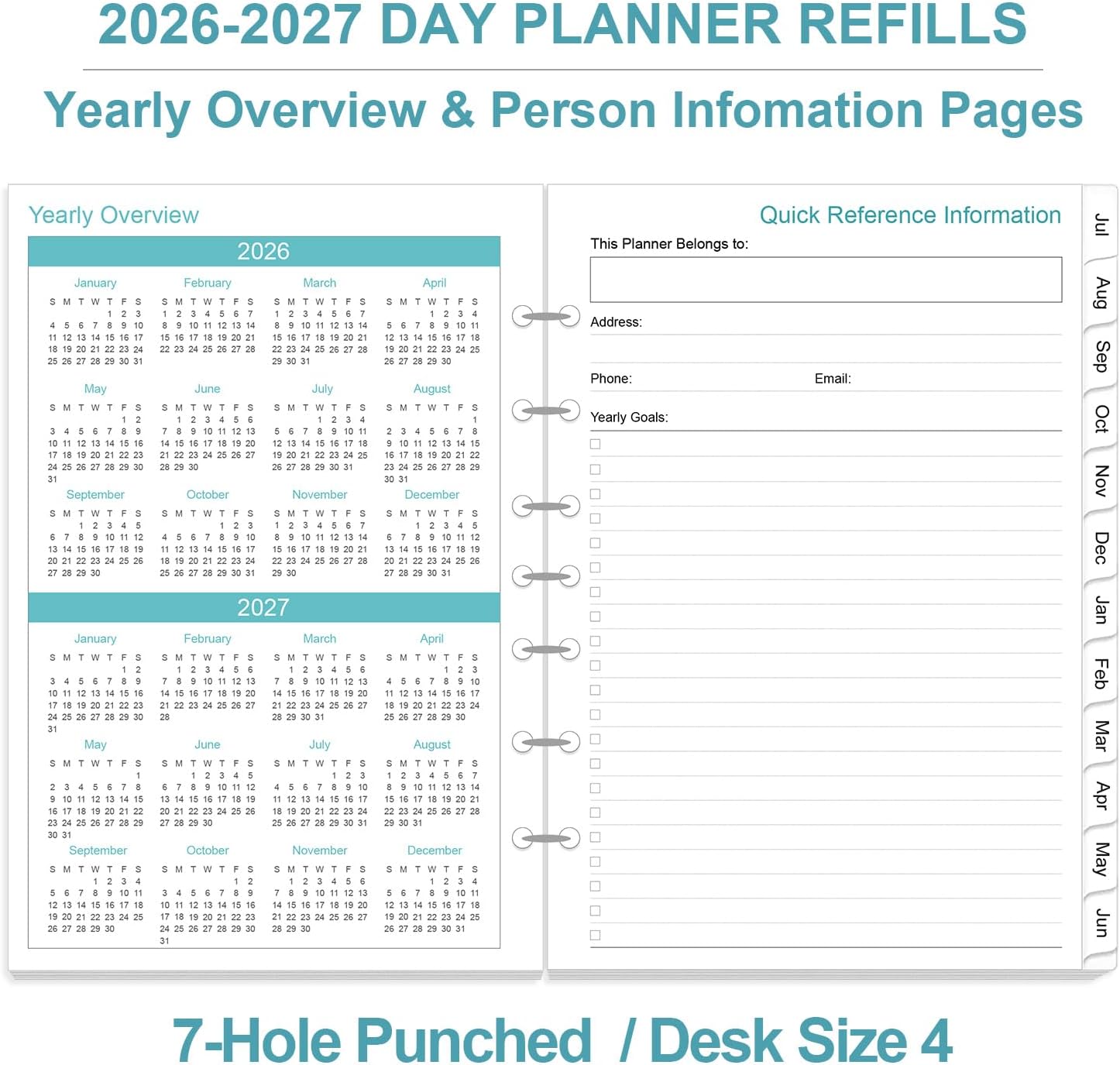 2026-2027 Planner Refills - One Page Per Day Daily ＆ Monthly Planner, July 2026-June 2027, 7-Hole Punched，Prioritized, To-Do List, Notes, Appointment Schedule, Desk Size 4, 5.8" x 8.3"