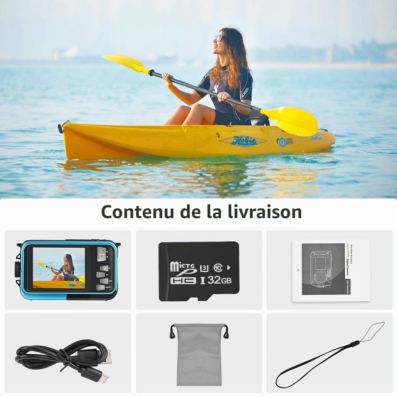 Appareil Photo Etanche, Comius Sharp Caméra Étanche 10FT 30MP Photo FHD Vidéo 16X Digital Zoom avec Carte Mémoire 32G et Selfie Double Écrans pour Selfies Sous l'eau, Natation, Surf, Plongée