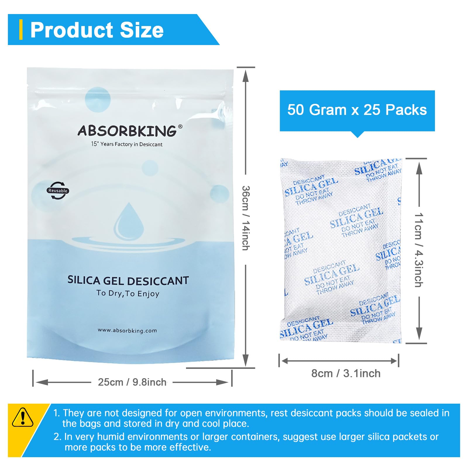 Absorbking Paquetes De Gel Sílice, 25 Absorbentes Humedad, Desecantes Para Almacenamiento, Desecante Seguro Alimentos, Semillas, Filamentos 3D, Electrónica, Cajas Fuertes, 50 G